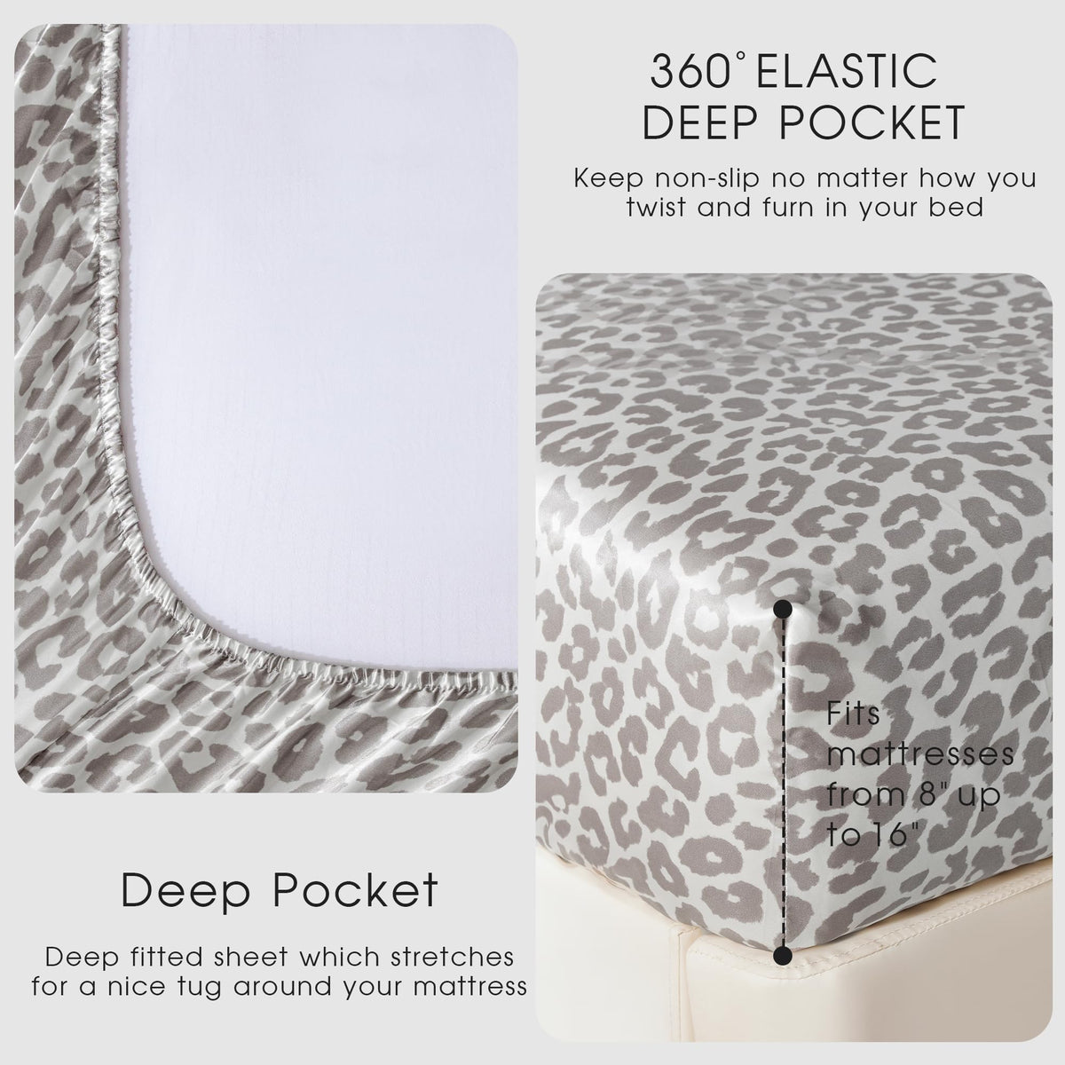 FreshCulture Satin Sheets King Size - 4 Piece Luxury Soft Silky Sheets for Hair and Skin, Similar to Silk Bed Sheet Set with 1 Deep Pocket Fitted Sheet, 1 Flat Sheet & 2 Pillowcases (Leopard)