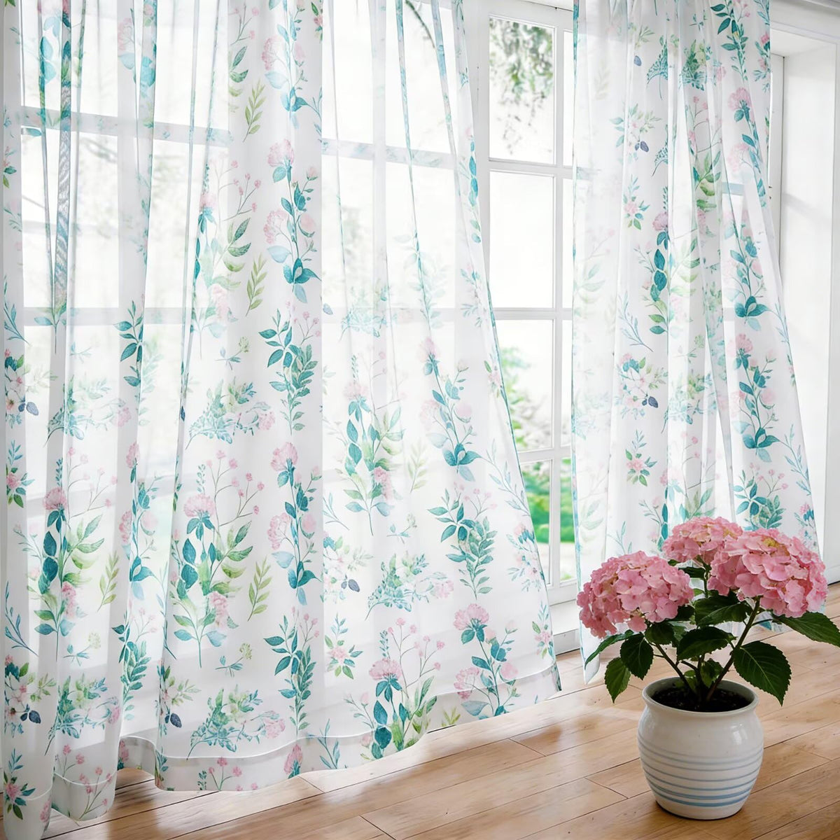 youleyar Floral Sheer Curtains for Living Room 84 Inches Long 2 Panels White Semi-Sheer Curtain with Pink Floral Printed Pattern Summer/Spring Rod Pocket Voile Drapes for Bedroom, 52" W x 84" L