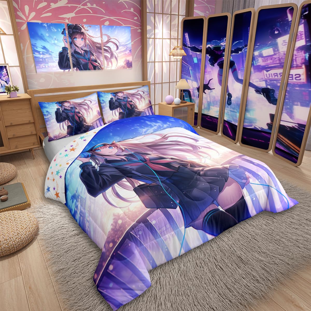 Erosebridal Anime Girl Bedding Set Twin Size, Japanese Anime Comforter Set for Kids Boys Teens Bedroom Decor, Cartoon Girl Duvet Insert Kawaii Japanese Animation Quilt with 1 Pillow Case