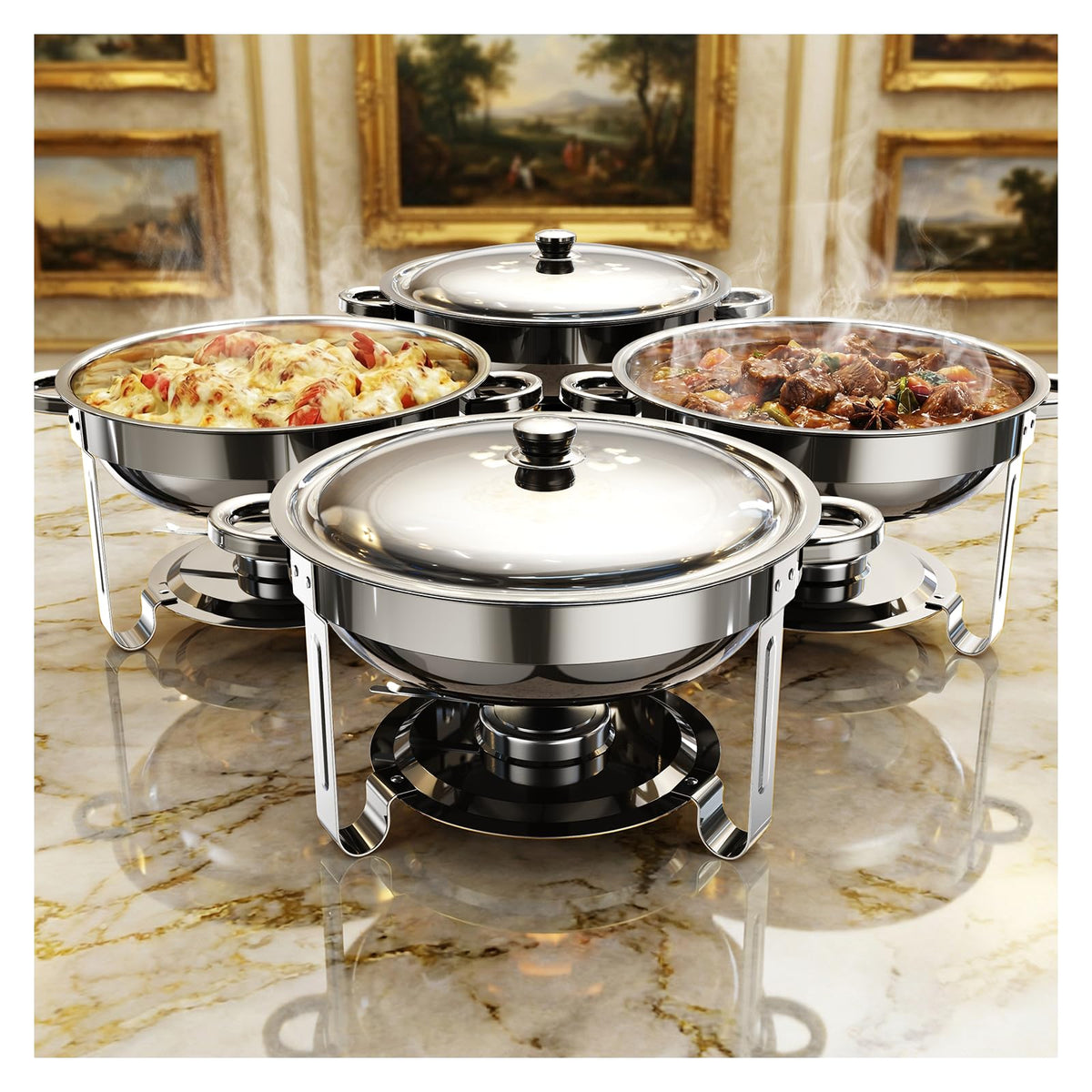 Chafing Dishes for Buffet 4 Pack, 5QT Round Stainless Steel Chafing Dish Set Food Pan with Lid, Buffet Warmers Sets for Home, Gatherings, Birthday, Parties, Church Events,Catering Events