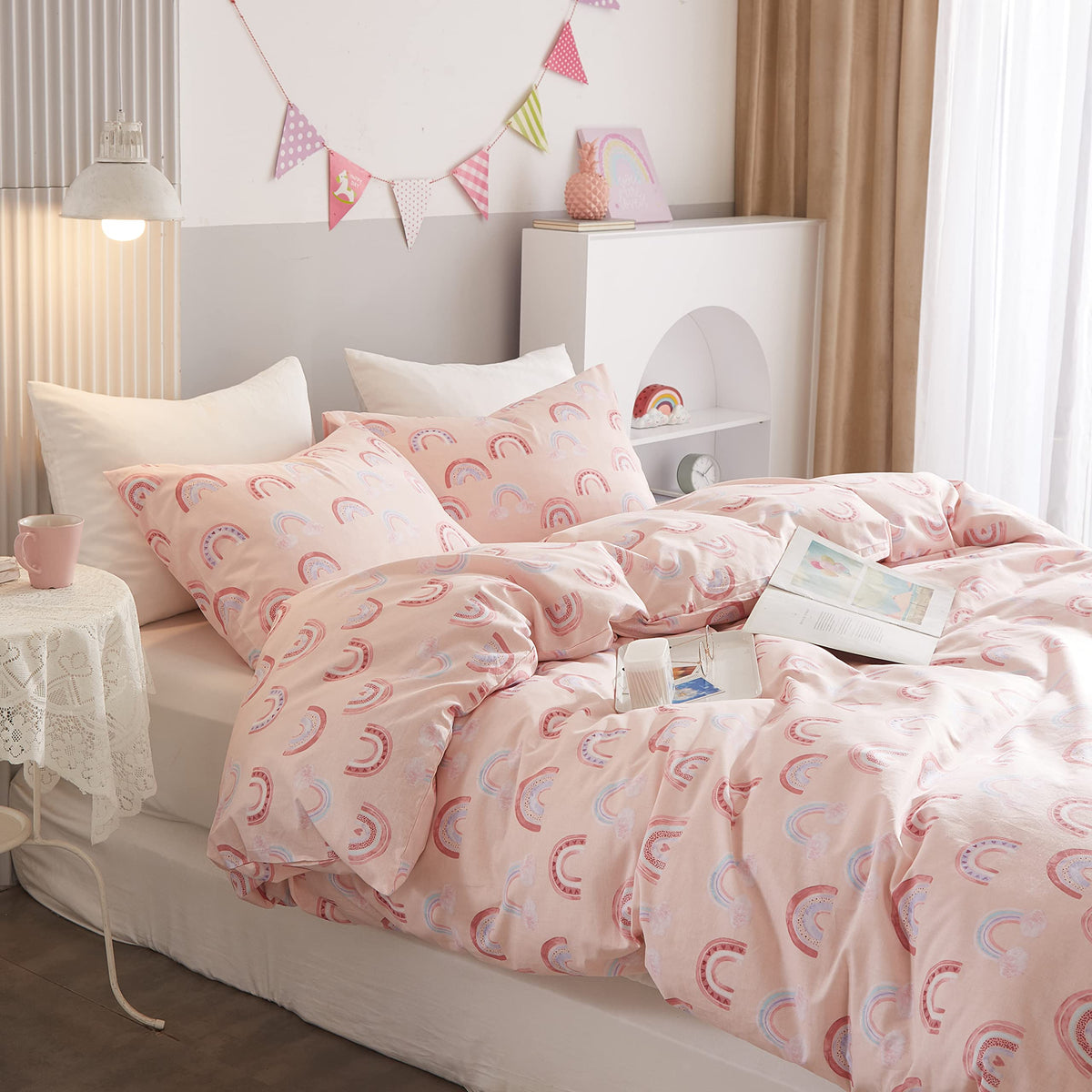 Ivellow Queen Duvet Cover Set 100% Cotton Rainbow Pink Kids Duvet Cover for Girls Cute Kawaii Bedding Set 3 Pcs Ultra Soft Breathable Toddler Teen Duvet Cover Patterned Cartoon Comforter Cover Bed Set