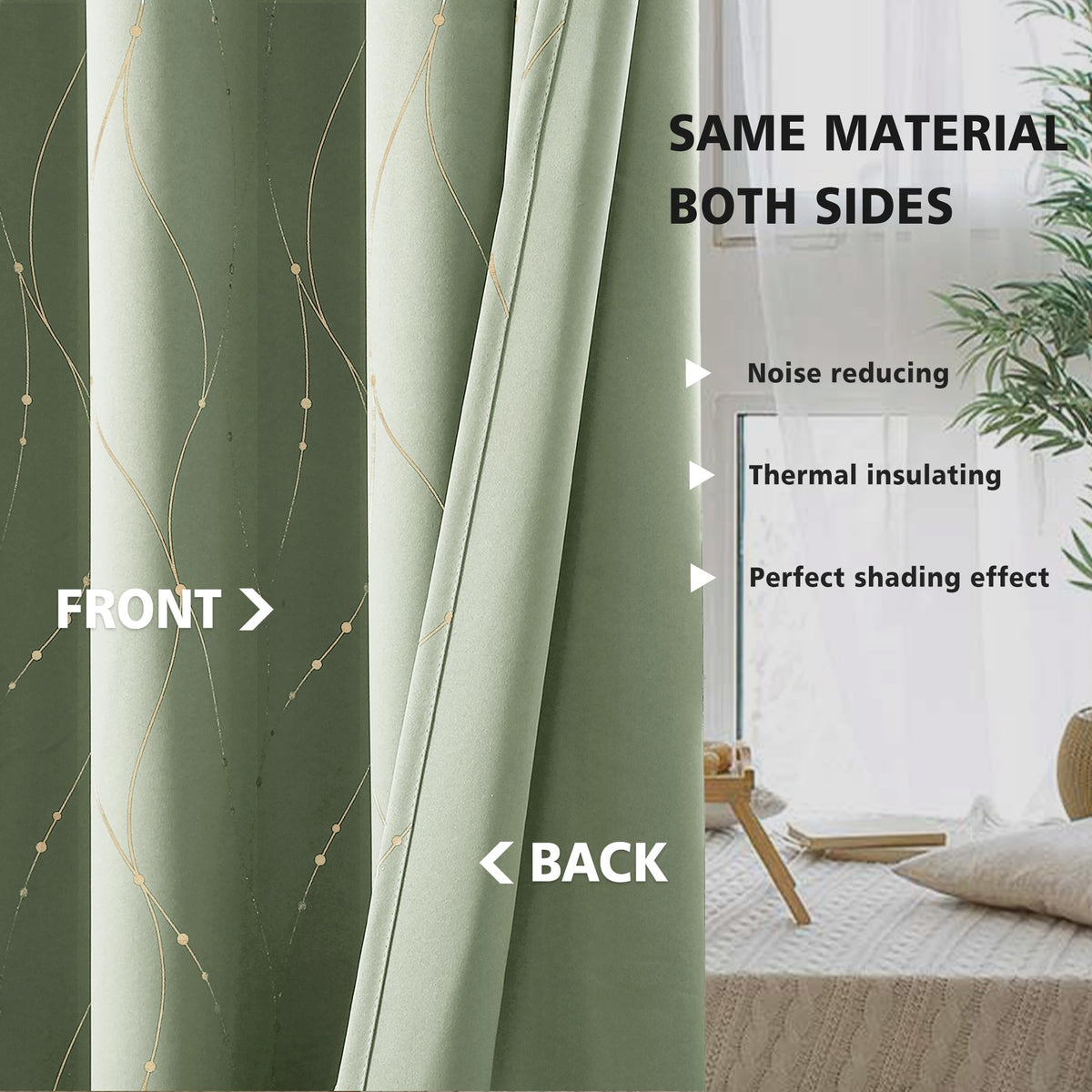 BUHUA Blackout Curtains Gold Foil Print Wave Line and Dots Grommet Drapes, Room Darkening Thermal Insulated Curtains, Noise Reducing Curtain for Bedroom, Sage Green, 52Wx84L, 2 Panels