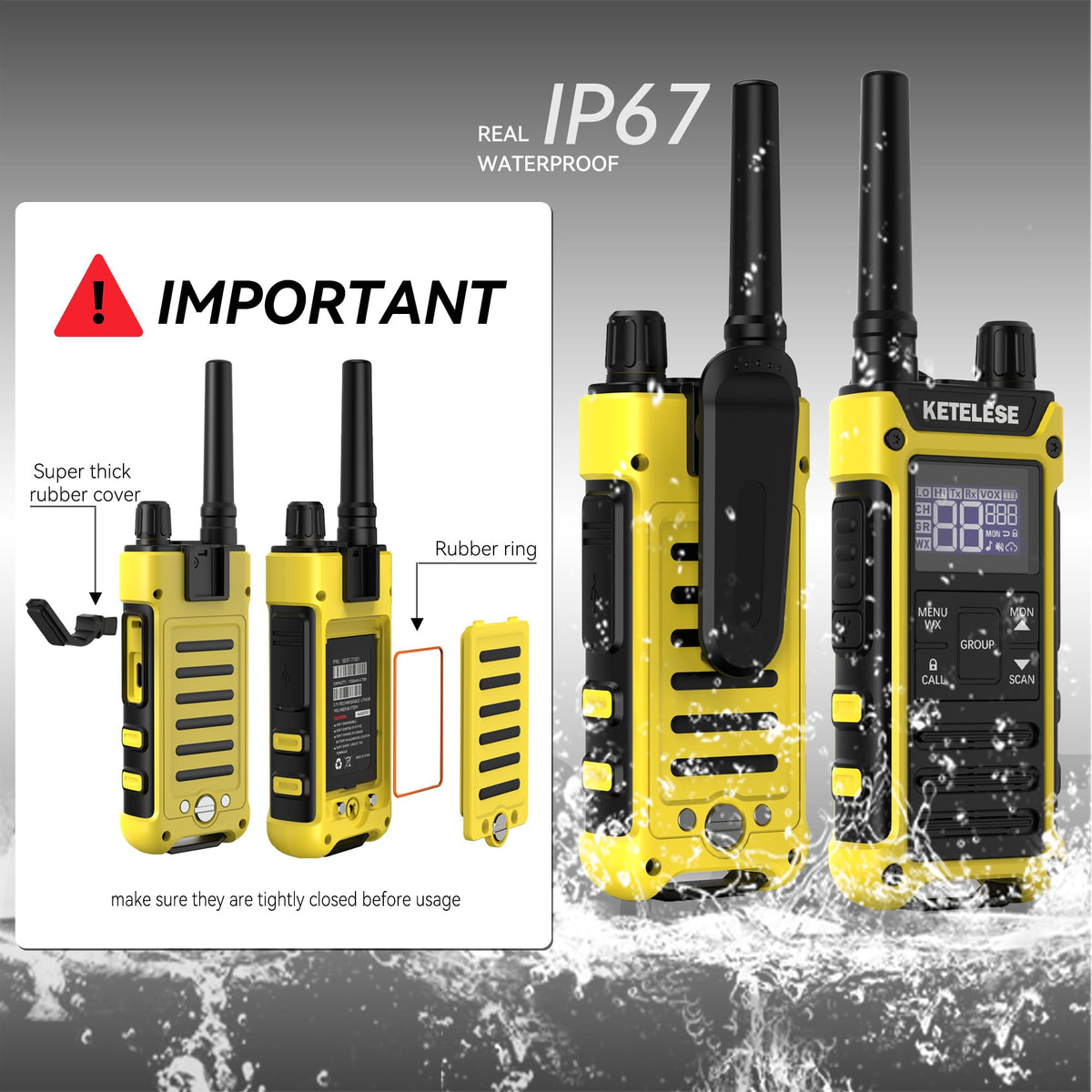 KETELESE T3F Walkie Talkies 6 Pack for Adults, IP67 Waterproof 2 Way Radios Rechargable, with Earpiece and Mic, Shock Resistant, Dual PTT, One Key Group Call, VOX, NOAA&Wheather Alert, Black/Yellow