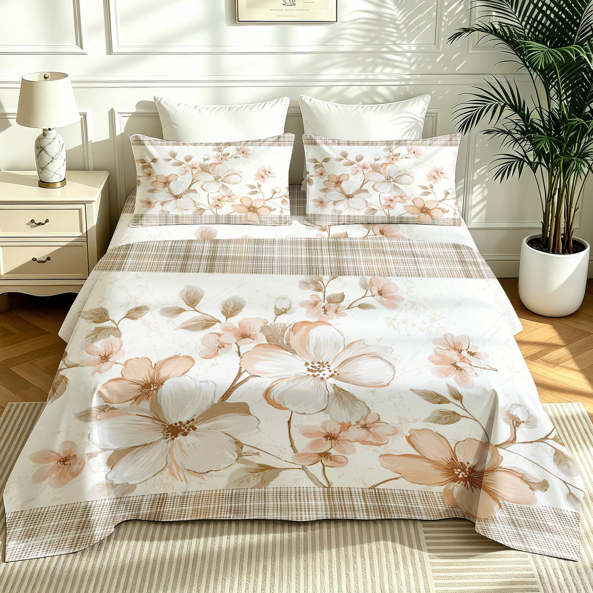 Plaid and Floral Full Sheet Set Farmhouse Flat Fitted Sheet Sets