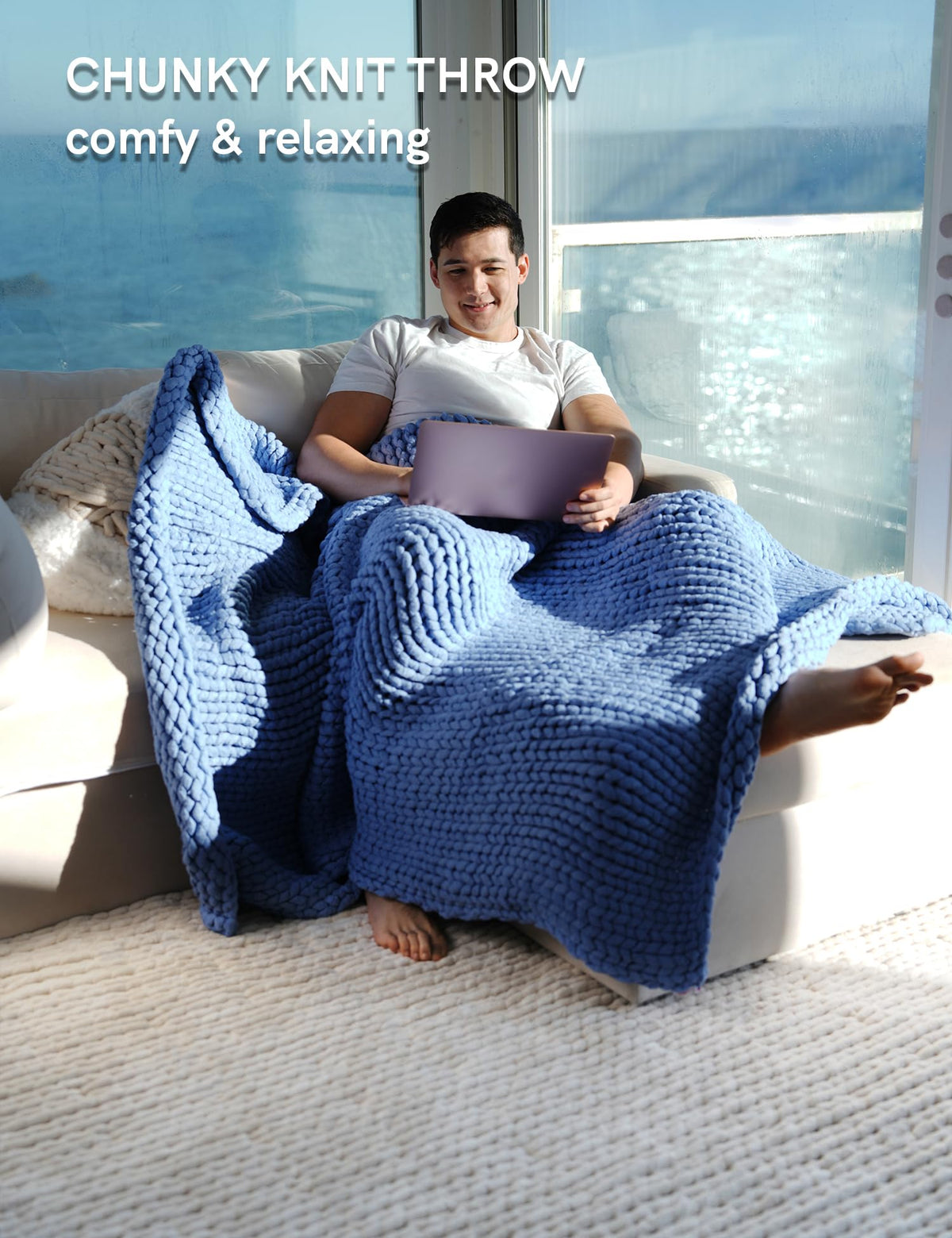 YnM Chunky Throw Blanket, Medium-Weight, Hand Knitted, Skin Friendly, Ventilated and Breathable, Machine Washable, Home Décor Piece for Couch, Sofa and Bed (Cerulean Blue, 40x50 Inch)