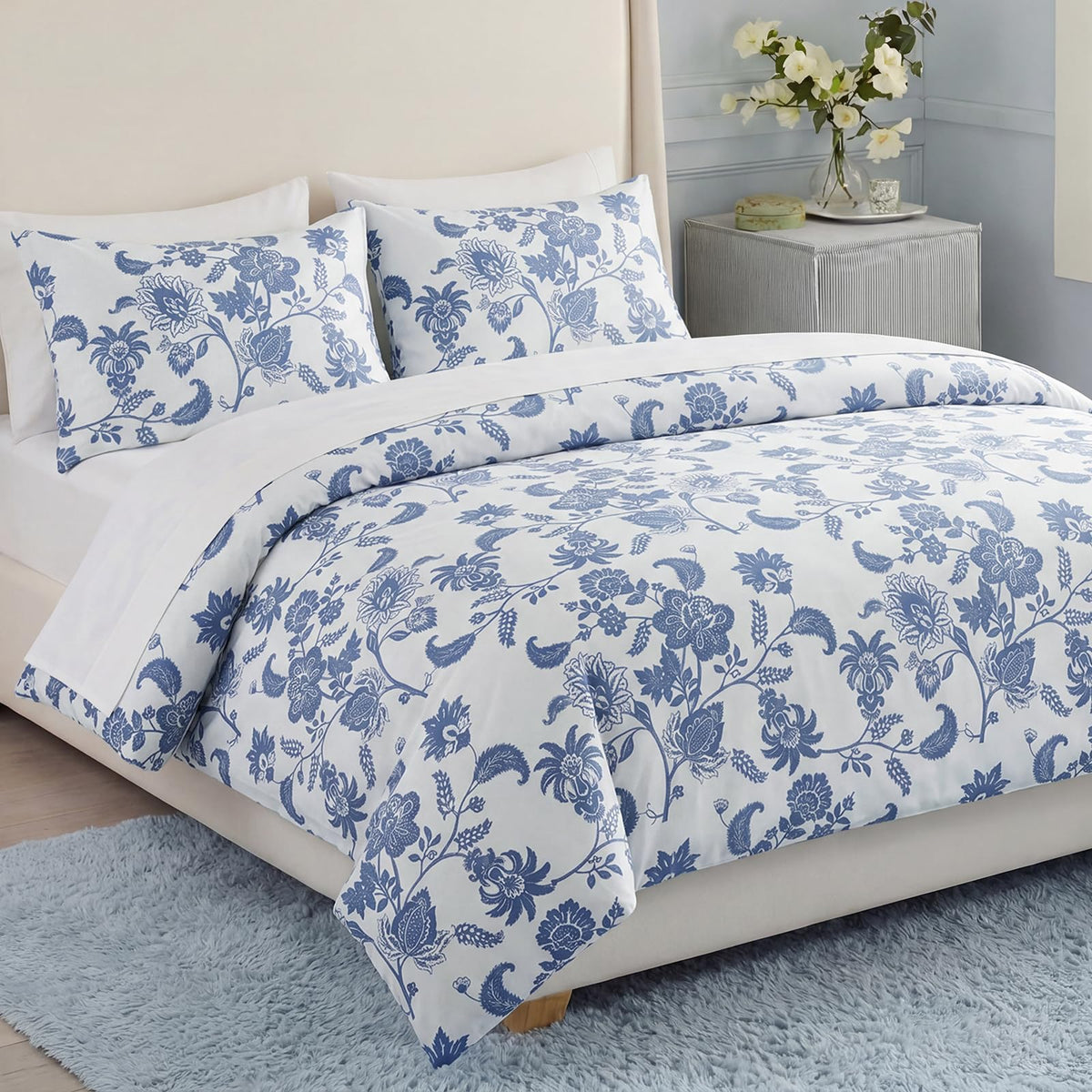 Bedorm 100% Cotton Duvet Cover Set King Floral Bedding Set Blue and White Paisley Flowers Print Boho Bedroom Decor Soft & Breathable Duvet Cover with Zipper Closure