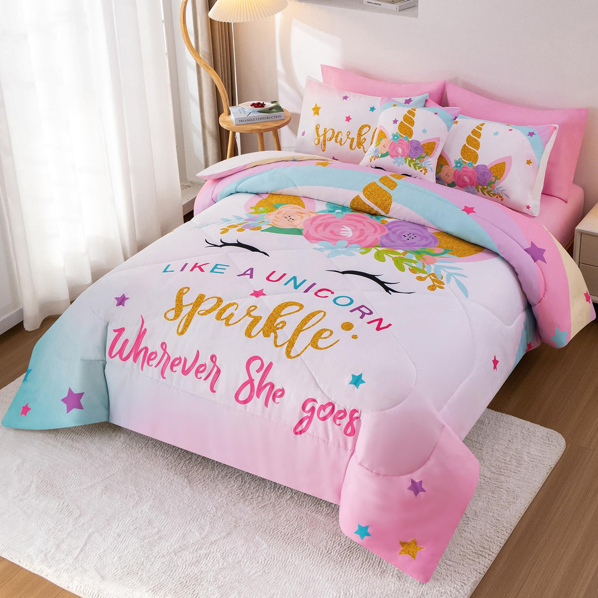 Keyroal 8Pcs Full Comforter Set with Sheet,Unicorn Flower Bedding Set for Kids,Pink Rainbow Bed in a Bag Bedding for Girls-Sparkle Unicorn