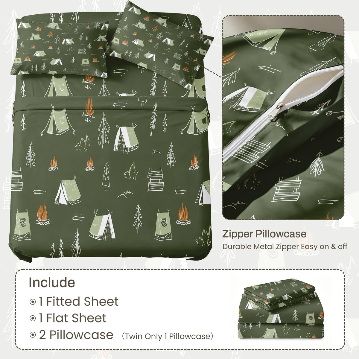 Camping Tent King Sheet Set Kids Flat Fitted Sheet Sets, Green