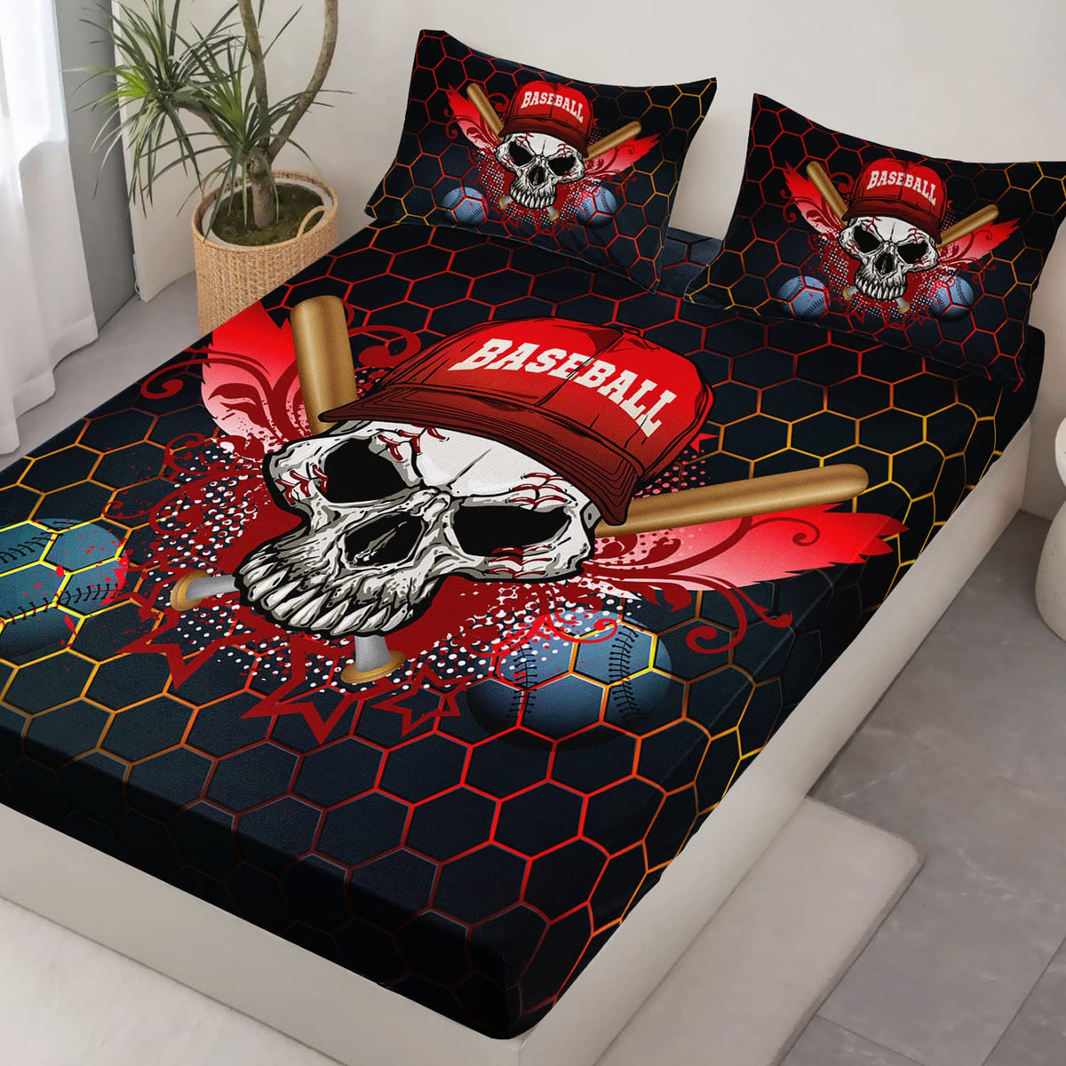 HOSIMA Black Baseball Bedding Set,Boys Cool 3D Print Designs Gothic Skull Fitted Sheet, Sports Bedspread Bedroom Collection 3Pcs with 2 Pillowcases,Cool Baseball Fitted Sheet Full Size for Boys.