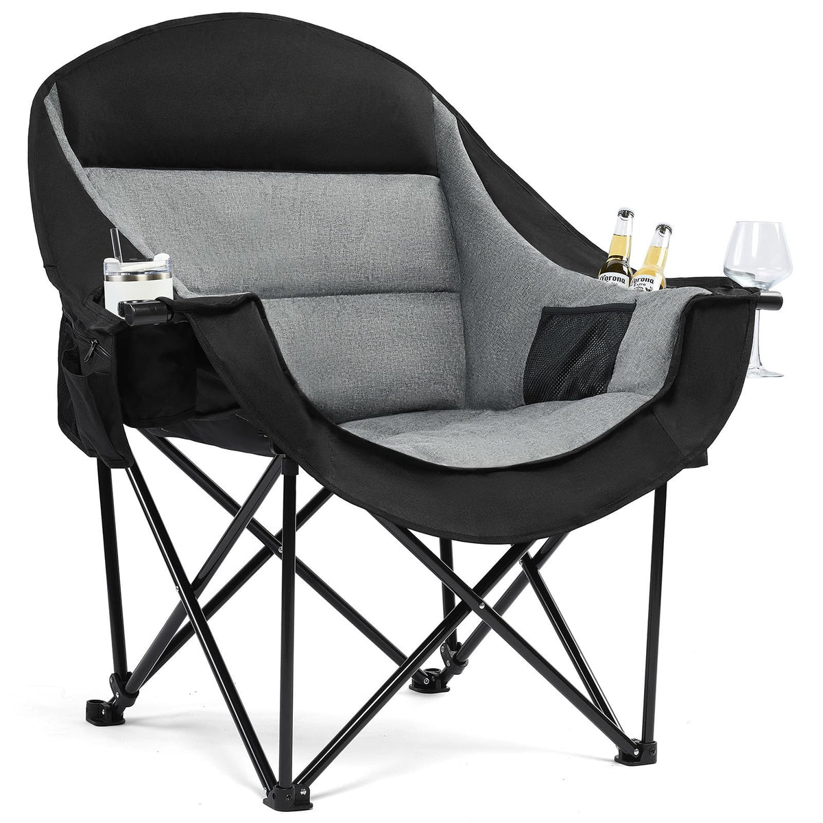 Oversized Camping Chairs for Adults - Heavy Duty Padded Outdoor Folding Lawn XL Camp Chair with Cup Holder Cooler Pockets for Outside Sports Beach Fishing Garden Portable Supports 500lbs, Black