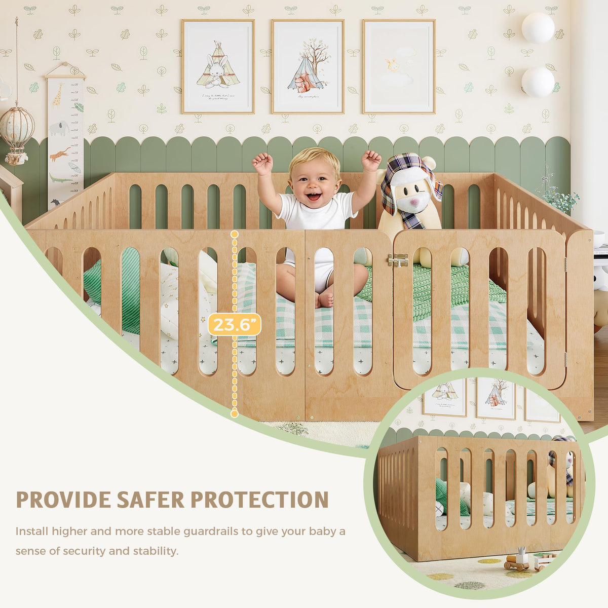 KEIKI Full Size Wood Montessori Floor Bed Frame with Door, for Girls and Boys, Modern Style Low-Profile Design Floor Bed with High Fence, Easy Assembly, No Box Spring Required, for Bedroom, Natural