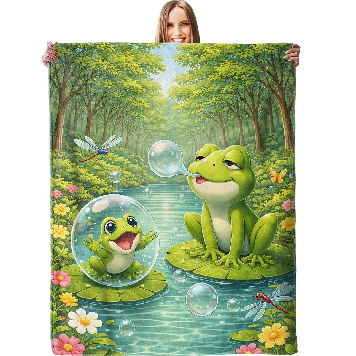dhakalrlde Cute Frog Blanket, Soft Cartoon Frogs Pond Lily Pad Throw Fun Animal Blanket Gifts for Boys Girls Kids, Lightweight Warm Cozy 60×50 inch Flannel for Couch, Travel, Bed, Decor