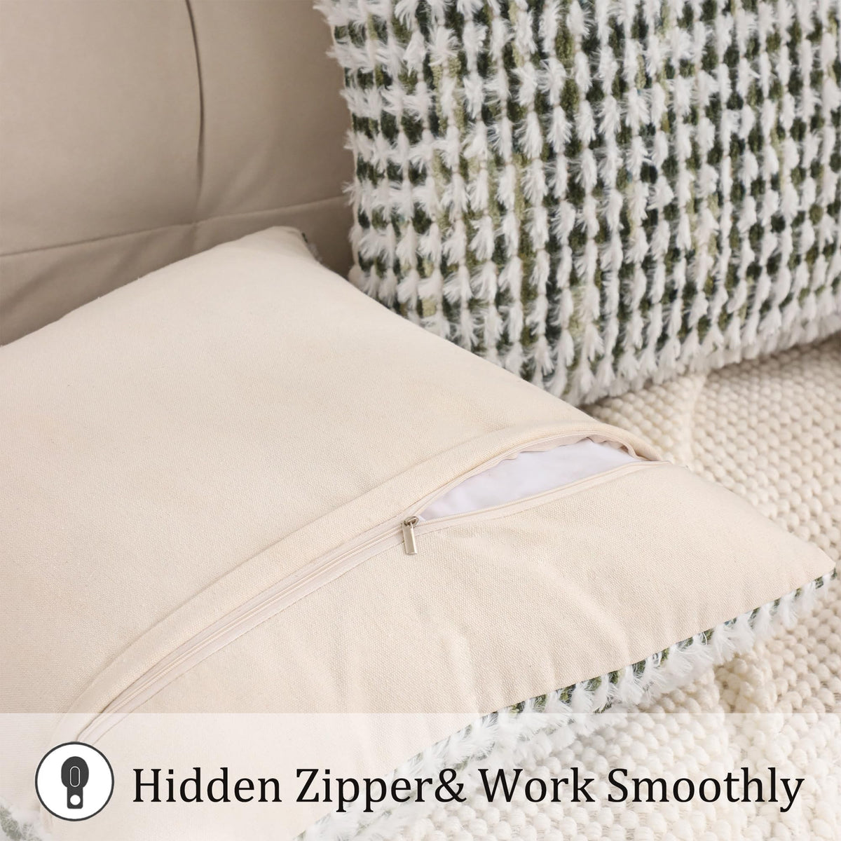 LUOYEHK Boho Throw Pillow Covers 22x22 Inch Set of 2 Chenille Tufted Pillowcase Farmhouse Neutral Cushion Covers for Couch Sofa Bed Living Room, Green White