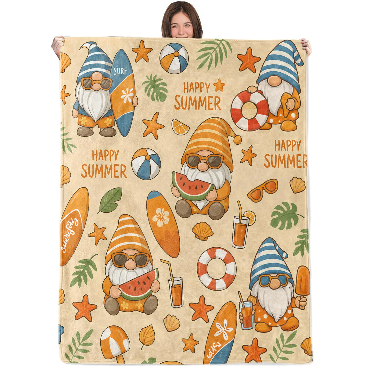 WKEDIN Summer Gnome Blanket,50x60in,Cozy Flannel Throw with Cute Beach Surfboard Watermelon Starfish Design,Soft Lightweight Gifts Blankets for Adults,Sofa Bed Travel Camping Coastal Holiday Decor