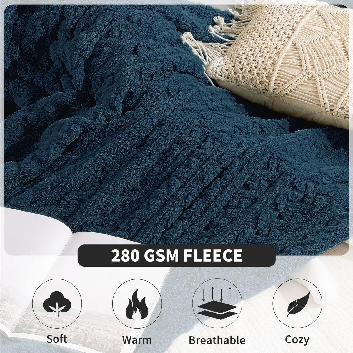 FY FIBER HOUSE Fleece Blanket – 3D Pattern Design Bedding Sherpa Throw Blanket for Camping, Travel Warm Super Soft Fluffy Cozy Decorative Twin 50”x60” Navy