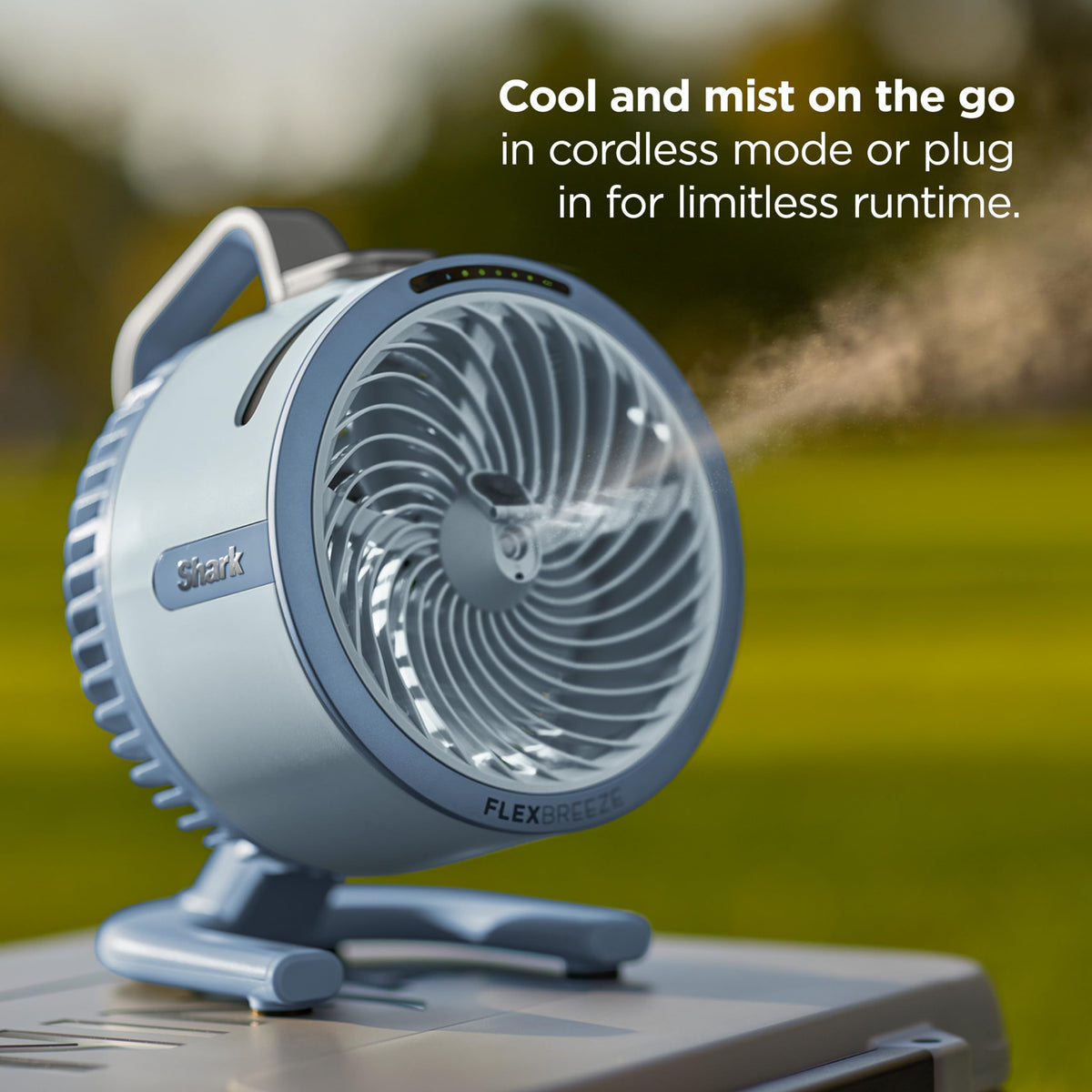 All-New Shark FlexBreeze HydroGo Pro Fan, Indoor & Outdoor Powerful Cooling Fan with Dry-Touch Mist, Portable Cordless & Corded, Long Battery Runtime, 5 Speeds, Sky, FA056BL (2026 Release)