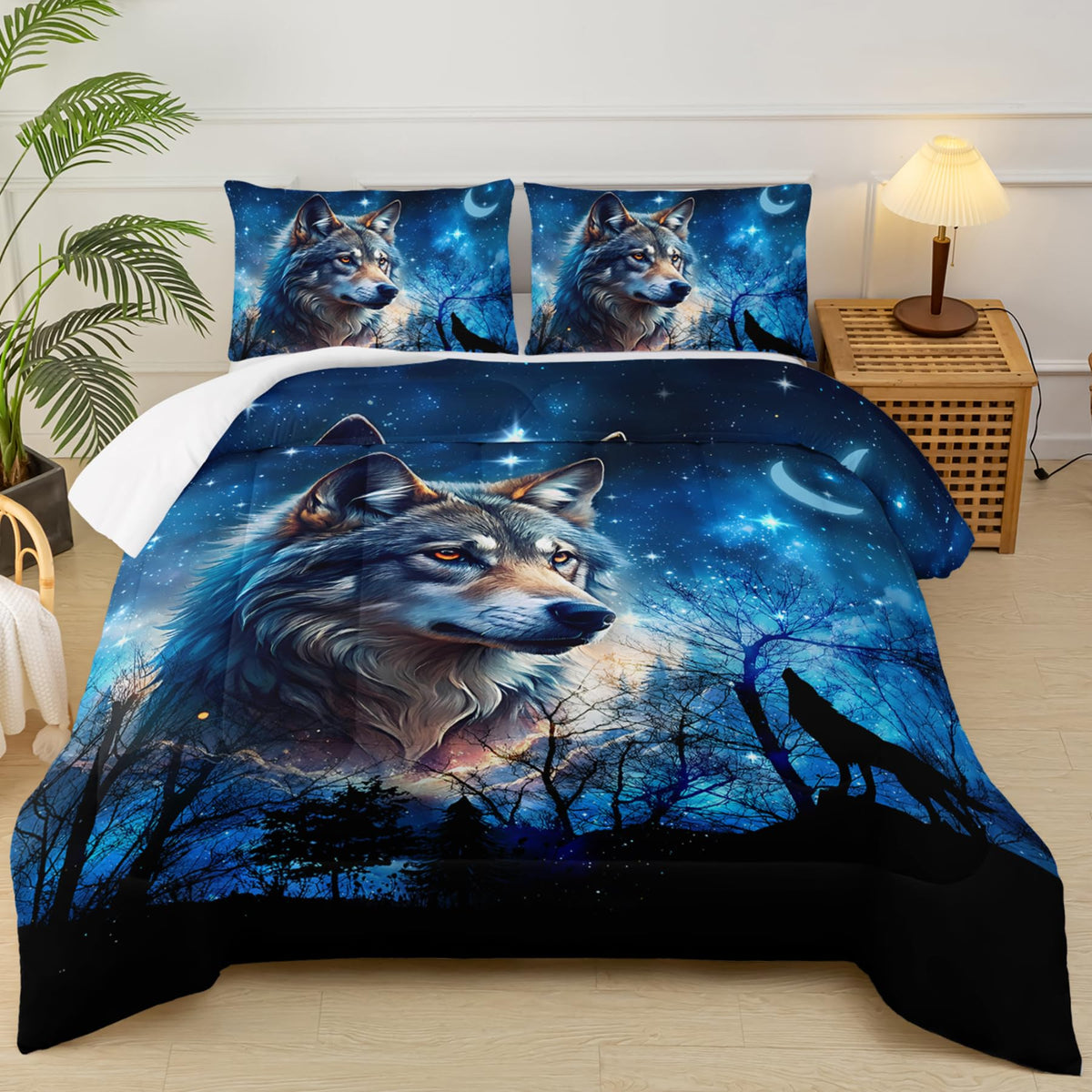 lneffble Wolf Comforter Set Twin for Boys Girls,Wolf Night Moon Galaxy Bed Set,Woodland Wild Animals Theme Comforter Set with 2 Pillowcase,Rustic Blue Black Bedding Set for Bedroom Decor