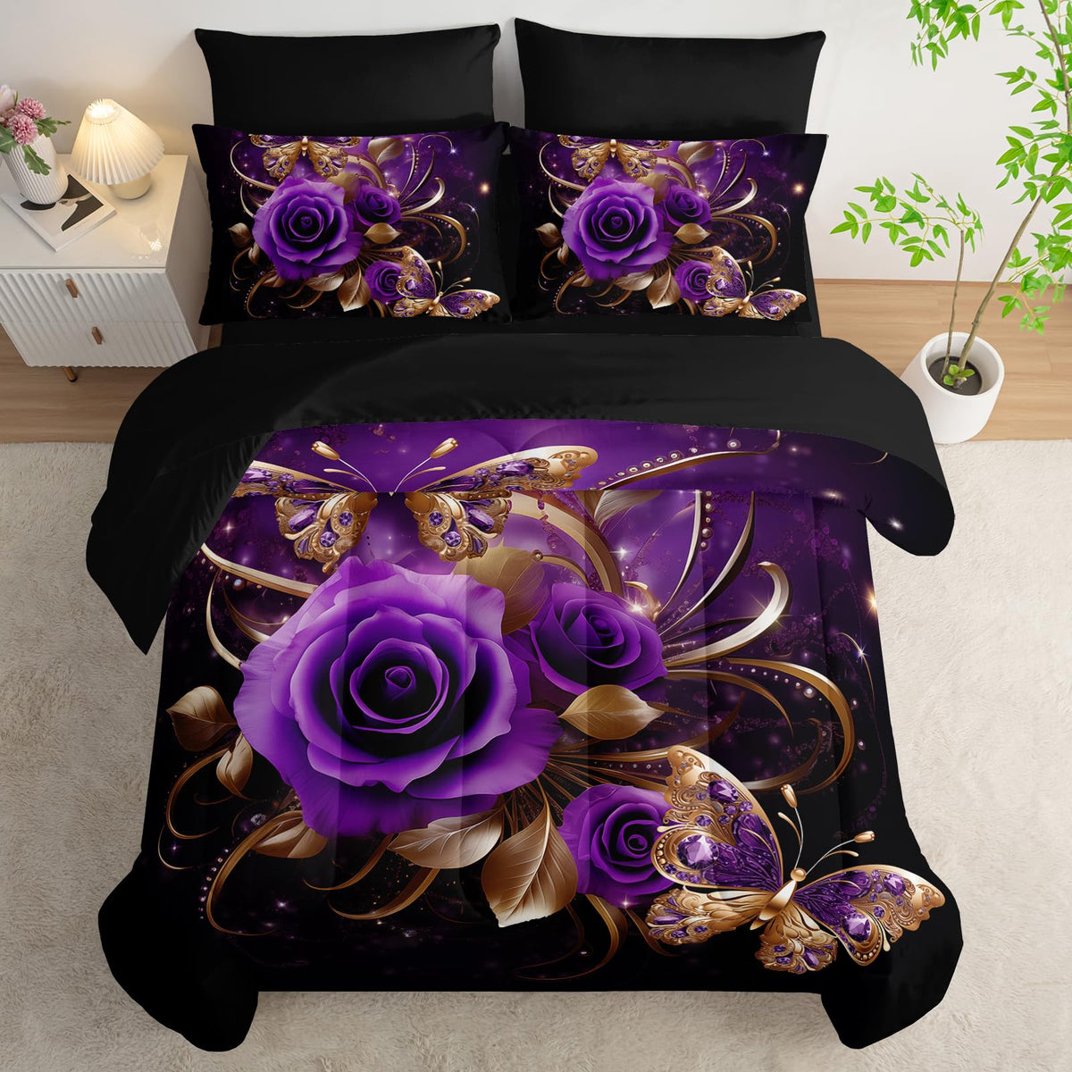 AILONEN Gold Purple Rose Flower Comforter Set Queen - 7Pcs Soft Floral Butterfly Bed in a Bag -Girls Rose Comforter,Fitted Sheet,Flat Sheet,2 Pillowcases,2 Pillow Shams for Women