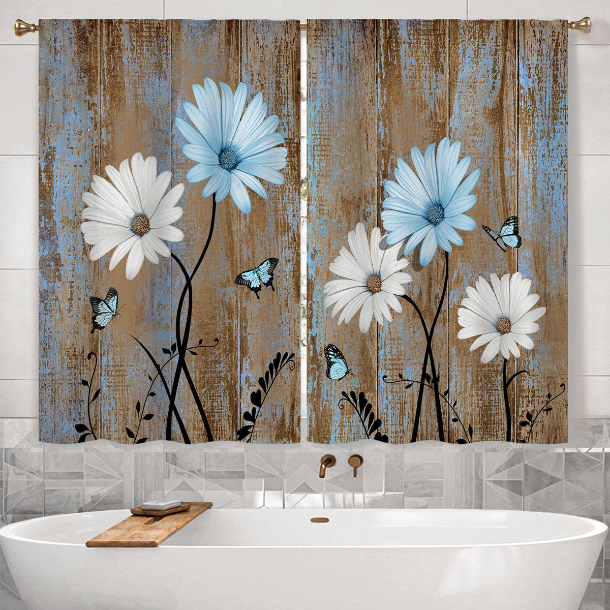 Cizuug Blue Farmhouse Daisy Curtains KitchenWooden Barn Plank Small Short Cafe Window Curtains Butterfly Rustic Country Spring Farm Bathroom Drapes Treatment Tier Curtains 2 Panels