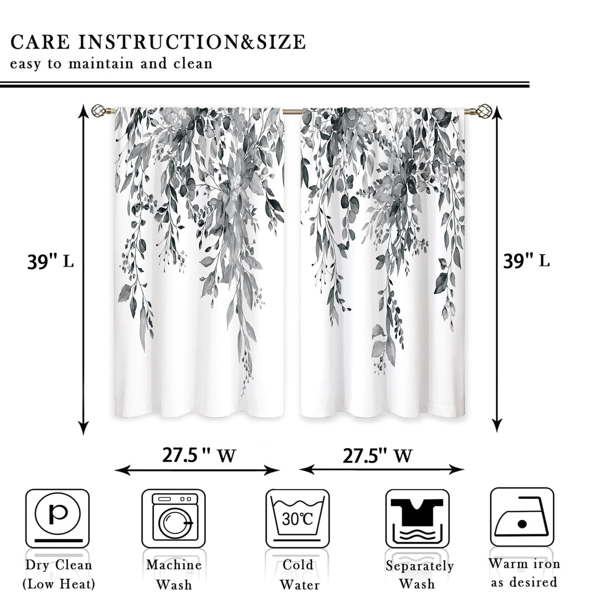 oolygoo Eucalyptus Botanical Leaves Grey Floral Kitchen Window Curtains Over Sink Farmhouse Flower Leaf Small Window Treatment Cafe Short Curtains for Bathroom Treatment Tier Drapes 27.5x39 inch