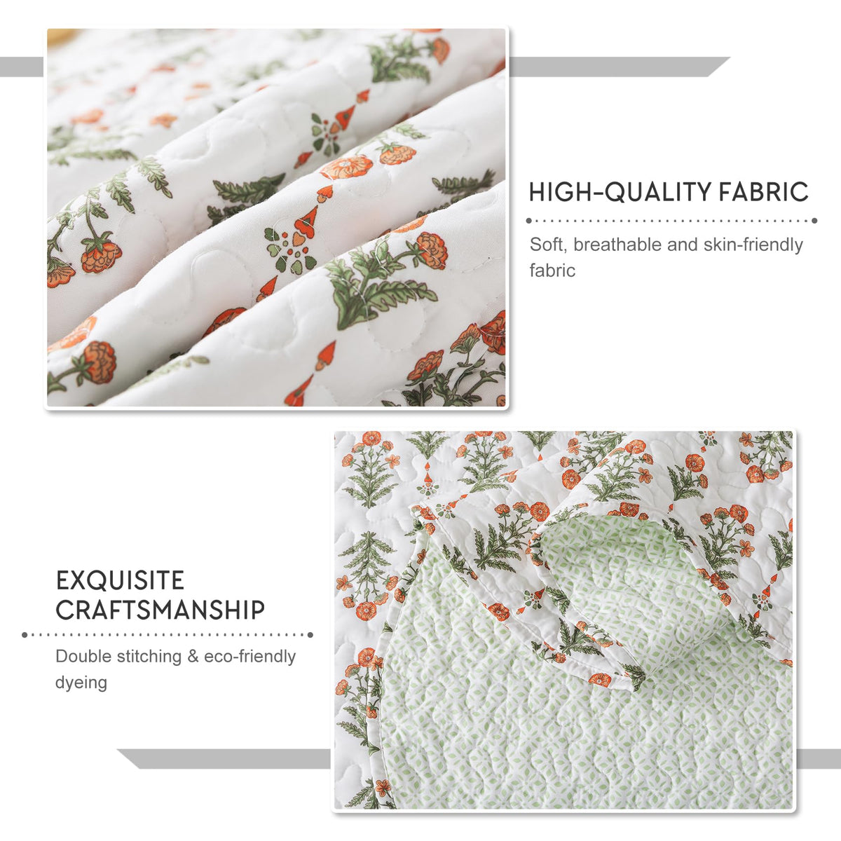 Travan 3-Piece Quilt Set Quilted Bedspread Lightweight Coverlet Set Garden Style Floral Printed Oversized Quilted Bedding Set for All Season, Orange Mirror, King Size