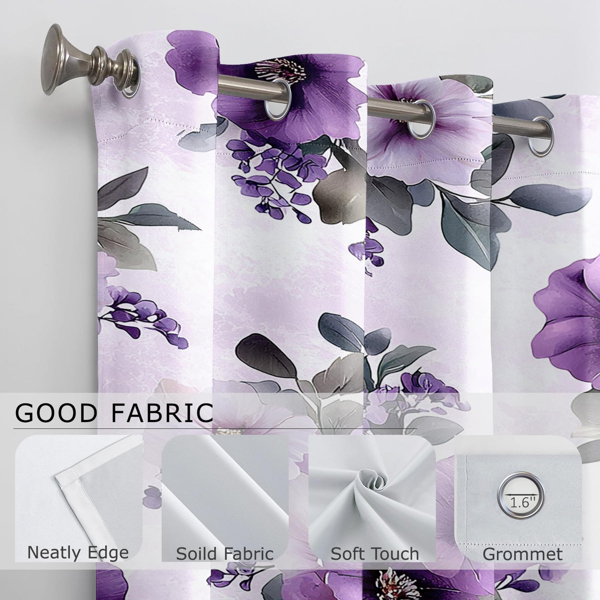 Solvivae Floral Curtains 54 Inch Length, Purple Floral Flowers Botanical Blackout Curtains for Bedroom Living Room, Room Darkening Thermal Insulated Grommet Drapes, Patterned Window Treatments