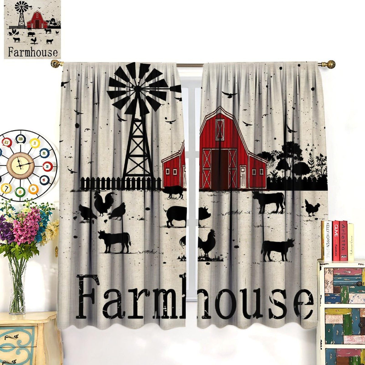 YCness Country Farmhouse Curtains Red House Cow Pig Chicken Window Treatments for Rod Pocket Drapesfor Living Room Bedroom Kitchen 42x45 Inch