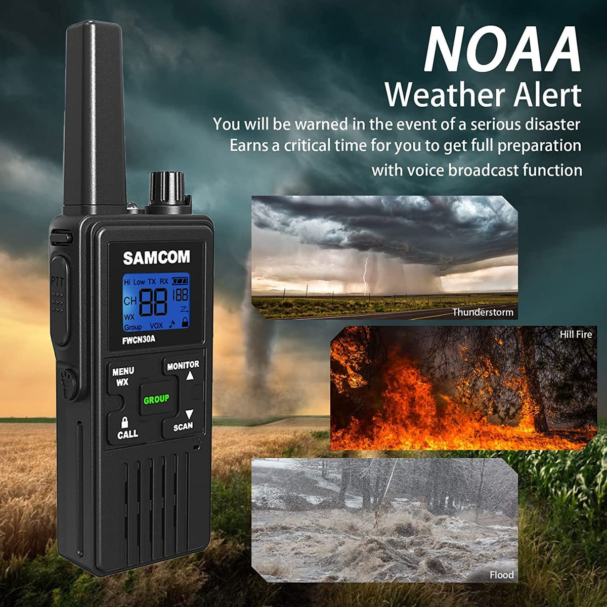 4 Long Range Walkie Talkies Rechargeable for Adults SAMCOM NOAA 2 Way Radios Walkie Talkies- FRS Two Way Radios with Earpiece Group Call Flashlight VOX SCAN NOAA Weather Alert and USB Charger Battery