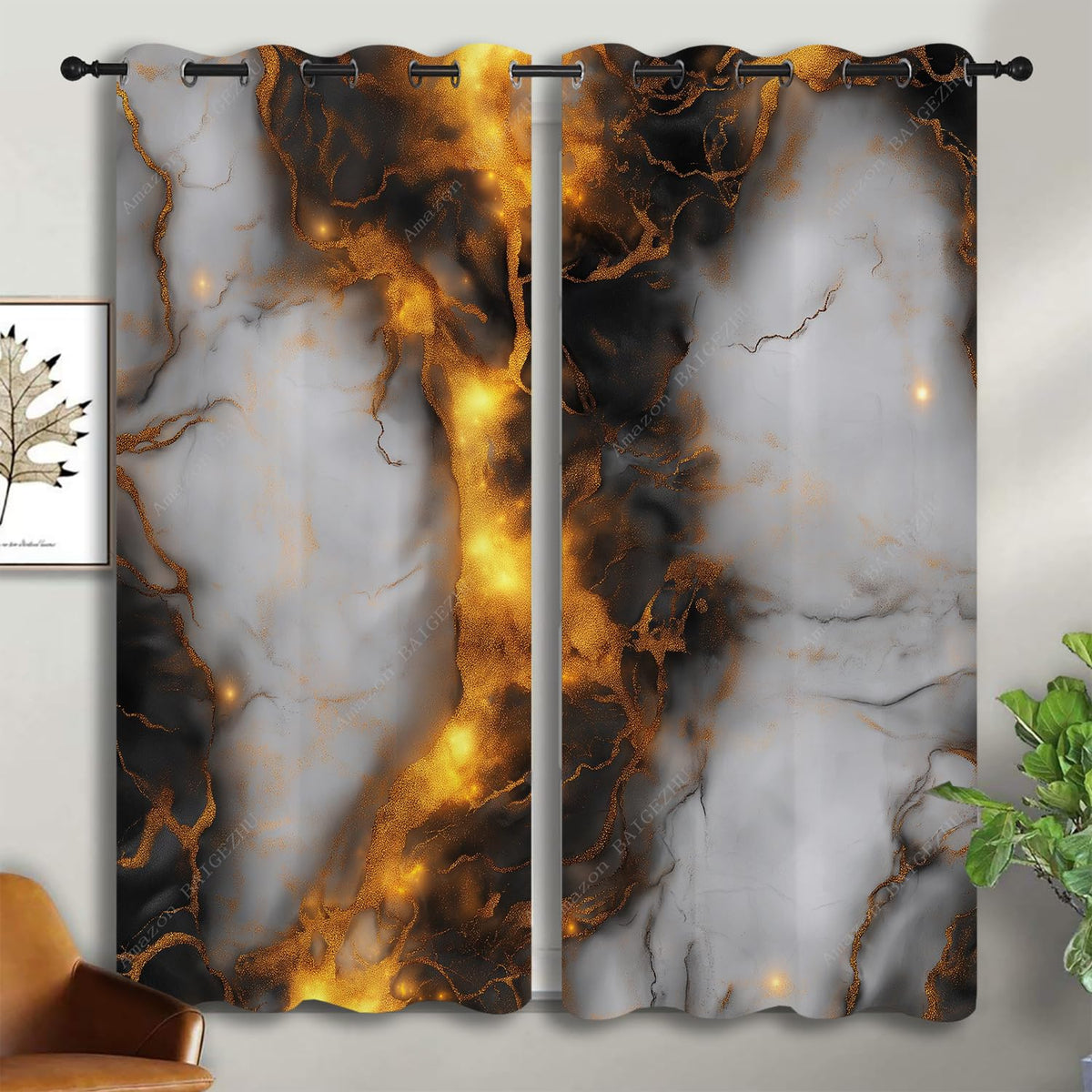 BAIGEZHU Black Gold Marble Boy Girls Blackout Curtains,Abstract Luxury Gold Glitter Veins Texture Modern Art, 2 Panel Grommet Thermal Insulated Drapes for Bedroom Living Kids Room Deco 42x45 inch