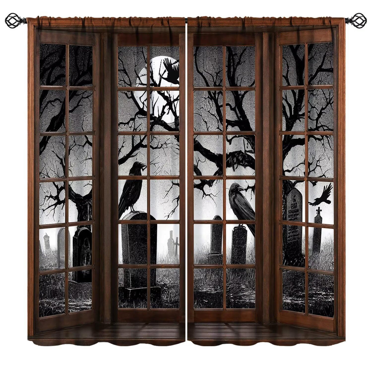 JanJCurt Misty Cemetery Curtains, Halloween Spooky Scary Forest Scenery Gothic Black Crow 3D Print Blackout Window Treatments for Kids Boys Bedroom Livingroom Holiday Decor, 42" W X 45" L
