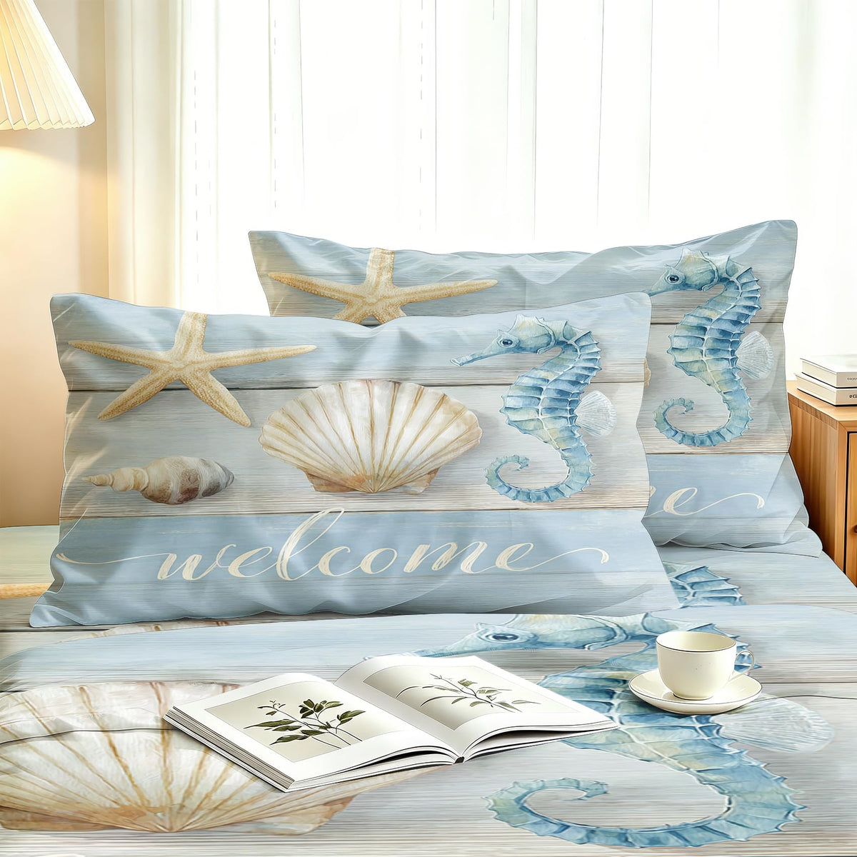 Seahorse and Shell Queen Sheet Set 4 Pcs Rustic Wooden Bed Sheets