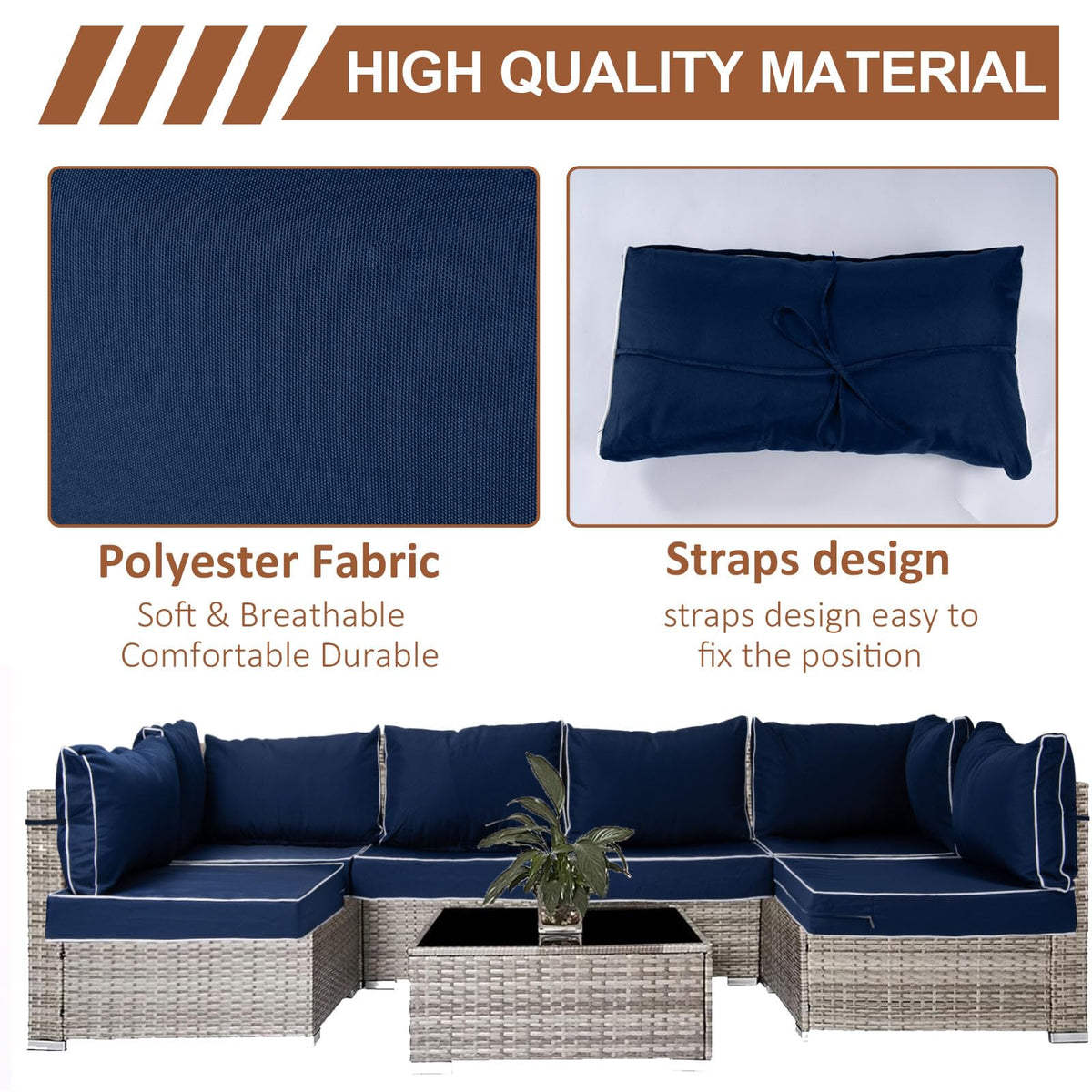14 Piece Outdoor Patio Cushion Covers Replacement, Waterproof Outdoor Furniture Cushion Covers, Fit 7 Pcs 6 Seater Wicker Rattan Conversation Sofa Set, Navy Blue+White Piping(Only Cover) 25.6x25.6"