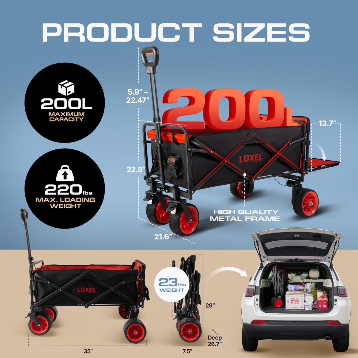Electric Foldable Collapsible Wagon Cart 220lbs Capacity - Heavy Duty Wagons 200L with All Terrain Wheels & Tailgate - Beach Canvas Utility Carts - Portable for Outdoor Camping Shopping Sports Hiking