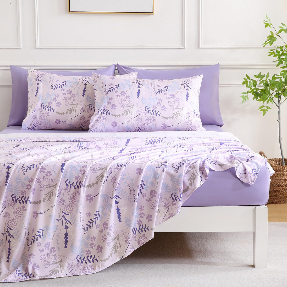Botanical 6-Piece King Size Sheets Set, Boho Floral Print Brushed Microfiber Sheets, Cooling Bed Sheet Set, Ultra Soft & Breathable, 16' Deep Pocket Fitted Sheet & Pillowcase Set, Purple Floral