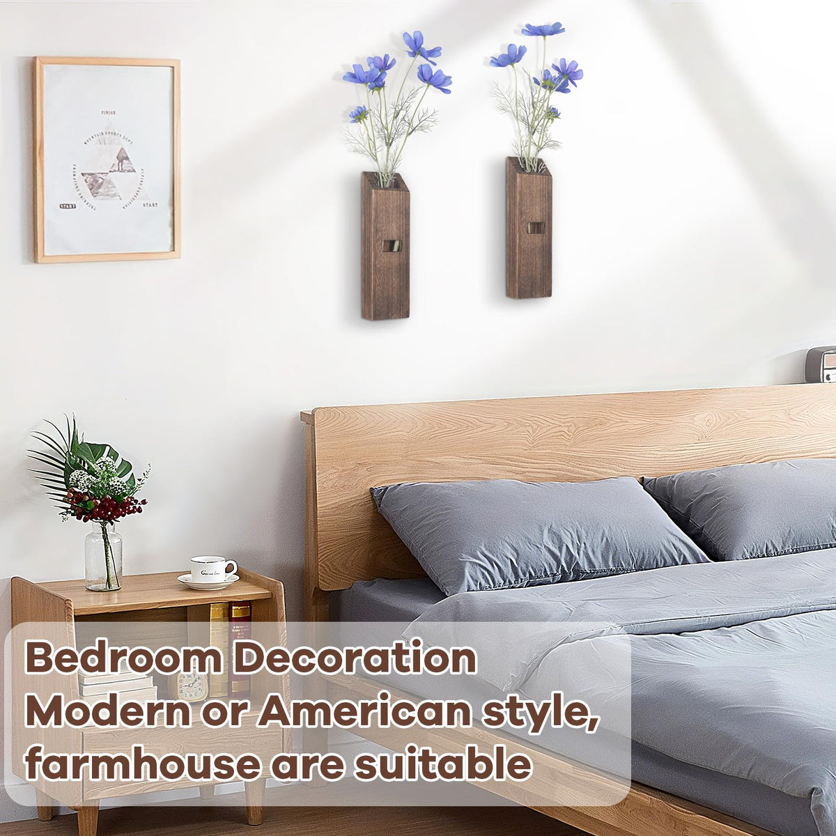 2 Pack Wood Wall Planter, Wall Decor Aesthetic for Living Room, Modern Farmhouse Entryway or Bathroom Decor, Unique Boho Vase for Holding Faux Greenery and Dried Flowers