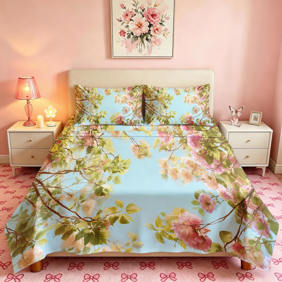 Spring Flower Bedding Set 4 Pcs Blue Sky Floral California King Sheets