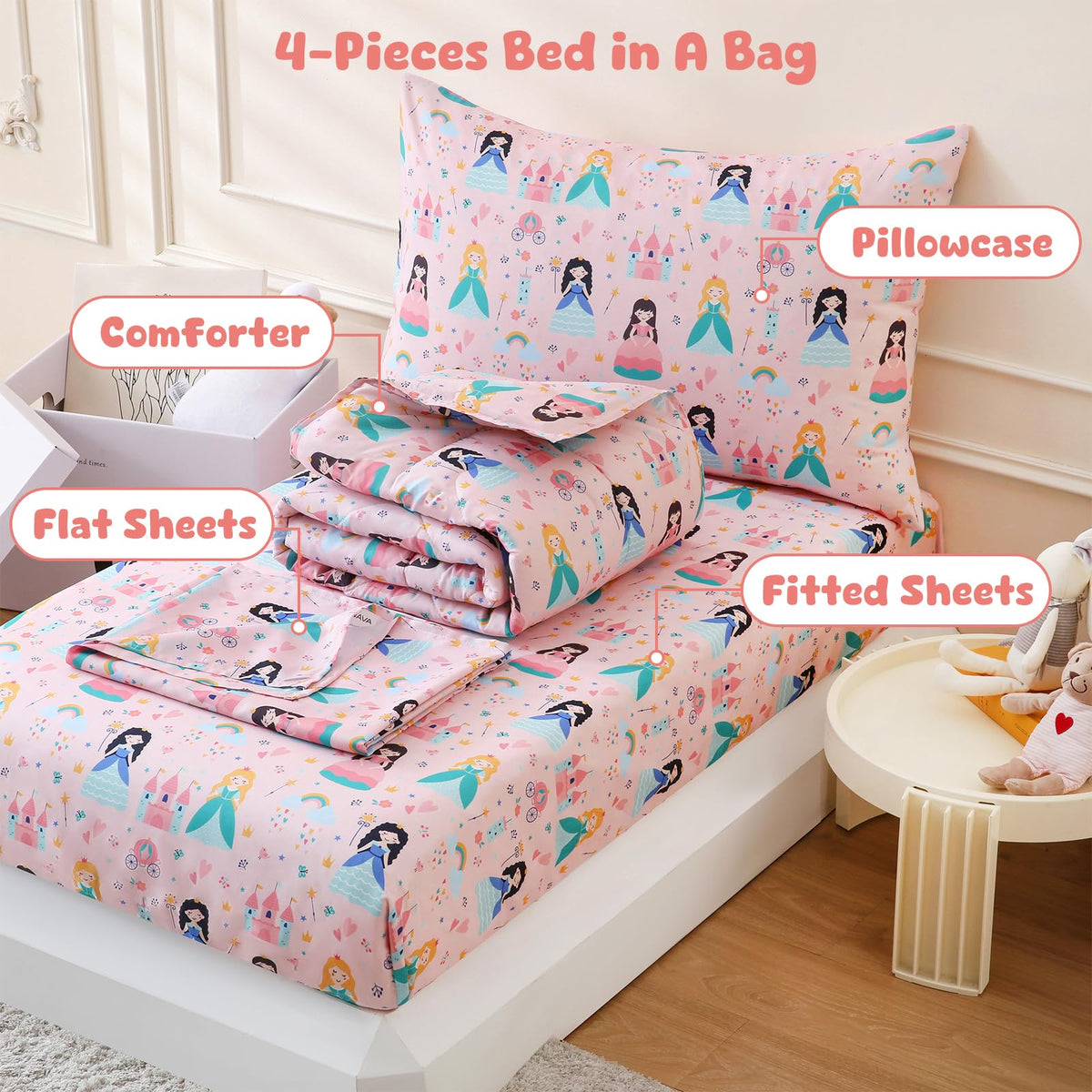 LONAVA Toddler Kids Comforter Set - 4 Pieces Toddler Bedding Sets for Boys Girls Children, Ultra Soft Microfiber Bed in A Bag with Flat Fitted Sheets, Princess