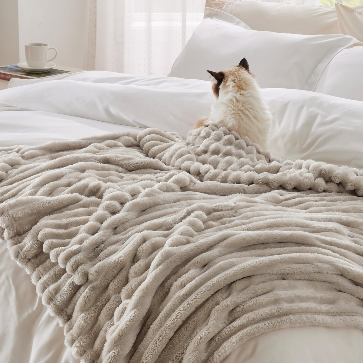Bedsure Fleece Blanket Throw Size (Dark Grey & Beige)