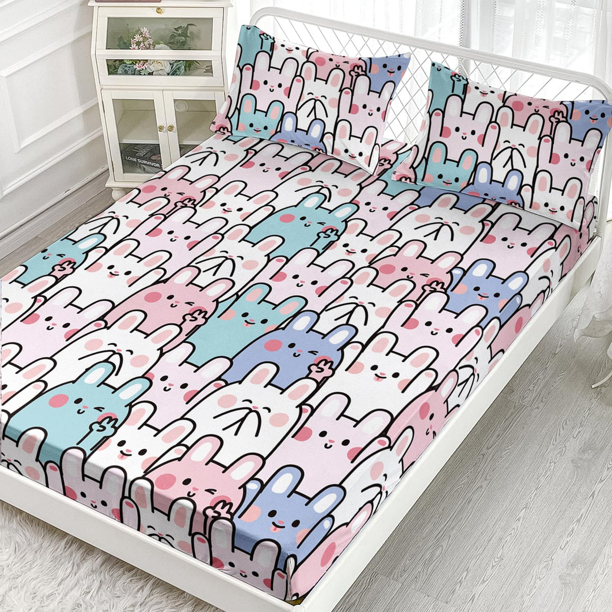 AILONEN Rabbit Fitted Sheet Set, Girls Twin Kawaii Bed Sheet Set,Cute Rabbit Bed Sheet Set,Cartoon Bunny Kids Sheet Set 3 Pieces, 1 Fitted Sheet and 2 Pillowcases