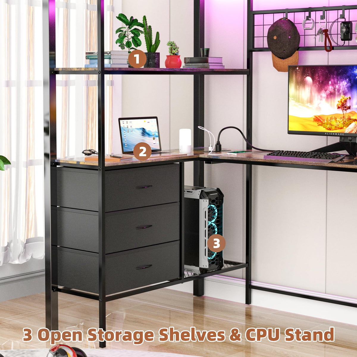 Godchoices Twin Size Loft Bed with L-Shaped Desk and 8 Storage Drawers, Metal Bunk Bed Frame with LED Lights,Power Outlet and 3 Storage Shelves,Twin Loft Bed with Safety Guardrail & Ladder (Black)