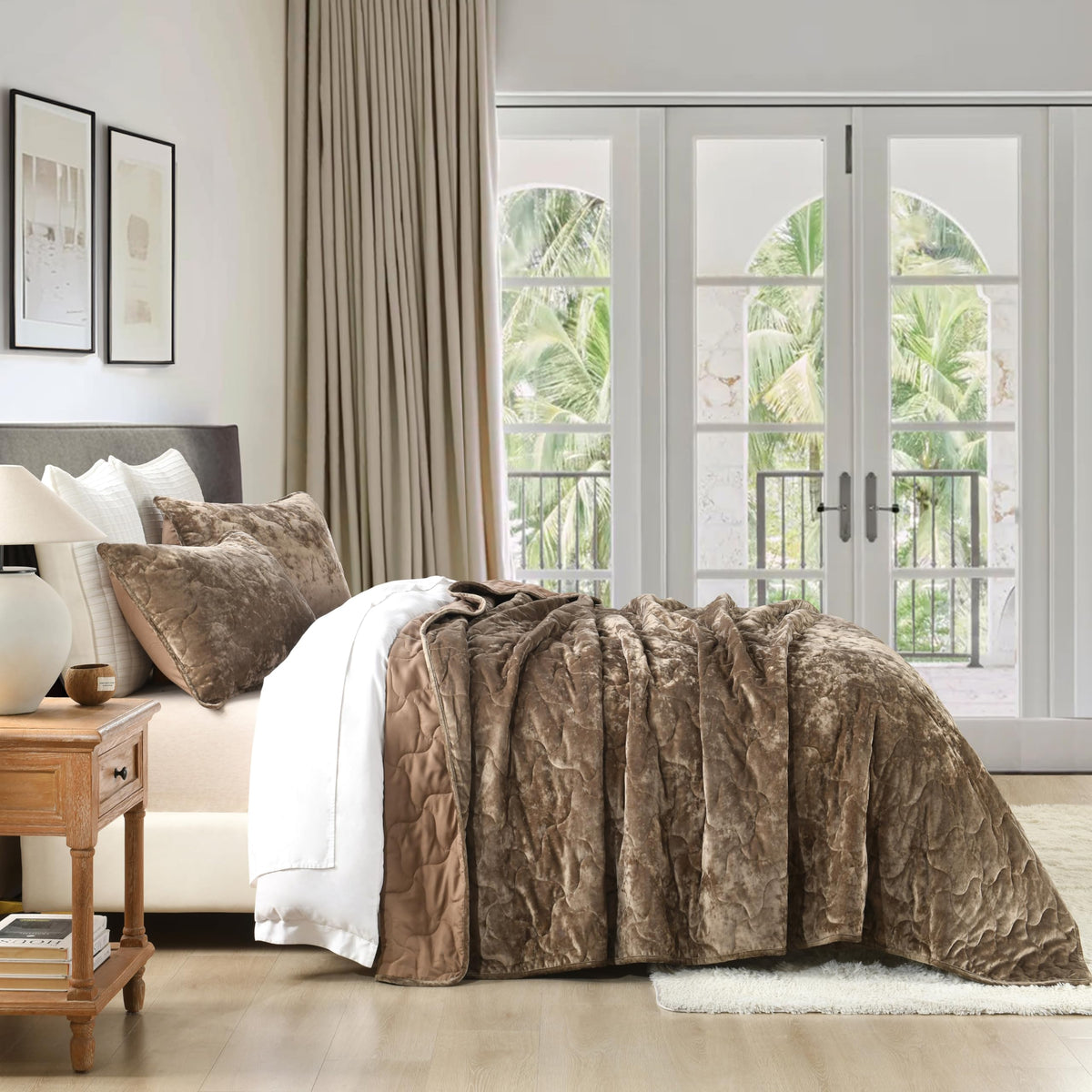 Homzard Luxury Velvet Quilt Set Queen Size Bedding, Mocha Brown Comforter Set, Ultra-Soft Striped Channel Stitch All Season Comforter, Thermal Bedspread Coverlet with 2 Pillow Shams