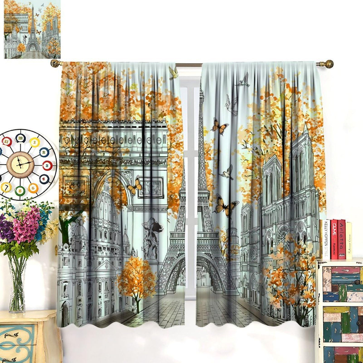 TYVGICZ Yellow Paris Curtains, Landscape Architecture City Scenery Eiffel Tower Landmark Famous Cityscape Romantic Window Treatments for Girls Living Room Kitchen Bathroom 2 Panel, 42x45 Inch
