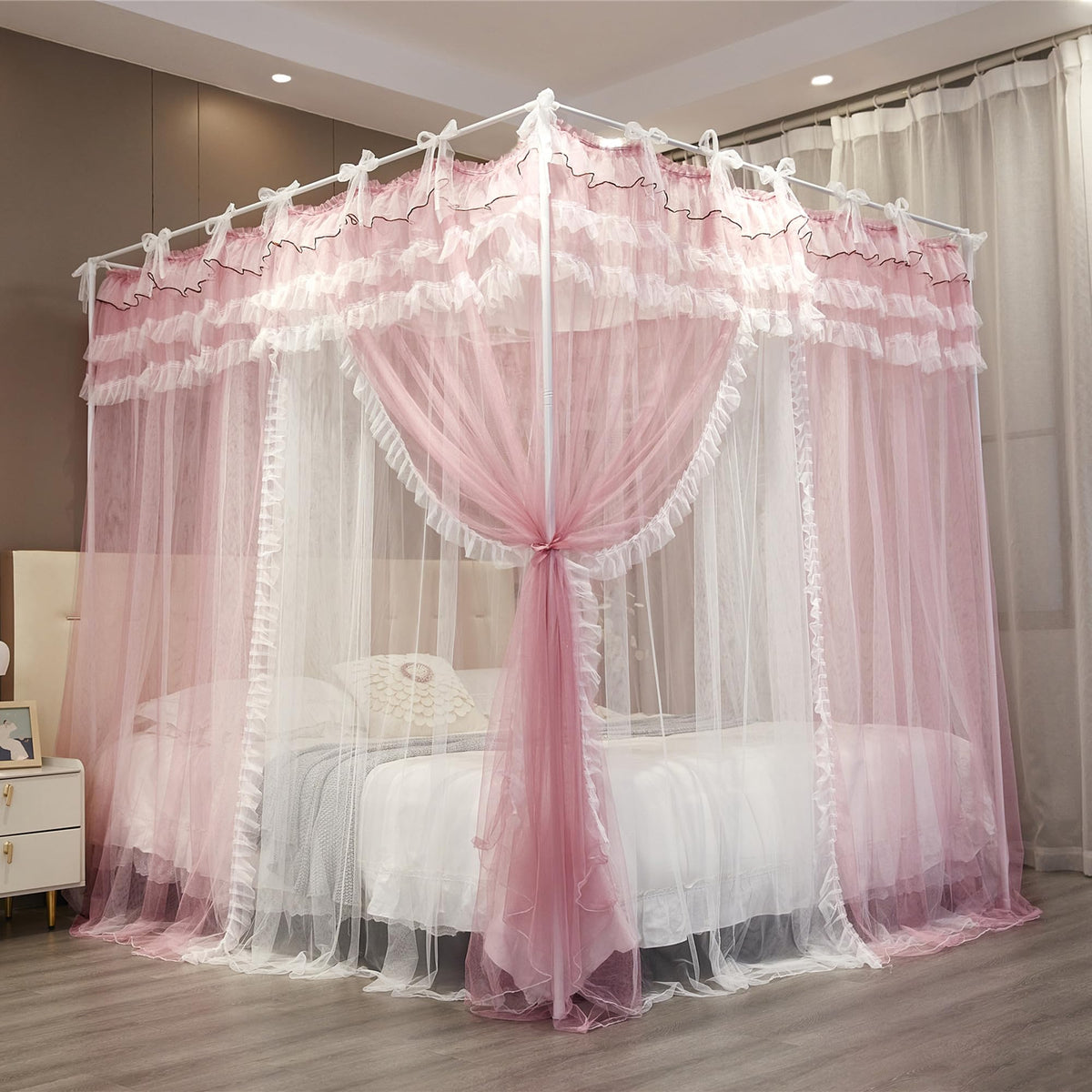 NXGIO Bed Canopy Curtain Double Layer 4 Corners Post Lace Up Ruffle Princess Drape Netting 4 Opening Mosquito Net for Girls Bedroom Decoration (Pink/White, 53" W*78" L*82" H/Full)