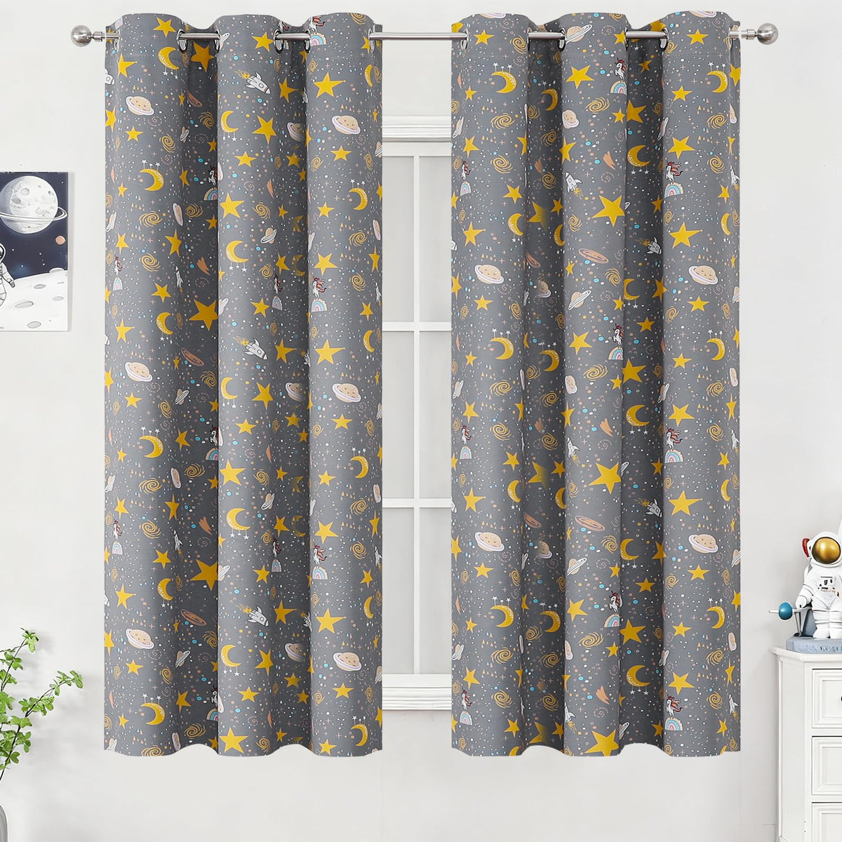 Estelar Textiler Planets Unicorn Printed Grey Blackout Curtains for Nursery Bedroom, Thermal Insulated Room Darkening Star Moon Pattern Grommet Window Drapes for Toddler Room,Gray, W38 x L63, 2 Panels