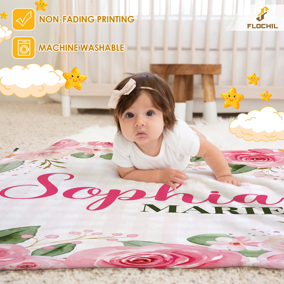 FLOCHIL Personalized Baby Blanket for Girls, Custom Baby Blanket with Name, Customized Floral Baby Blanket, Gift for Baby Shower, Toddler, Babies, Newborn