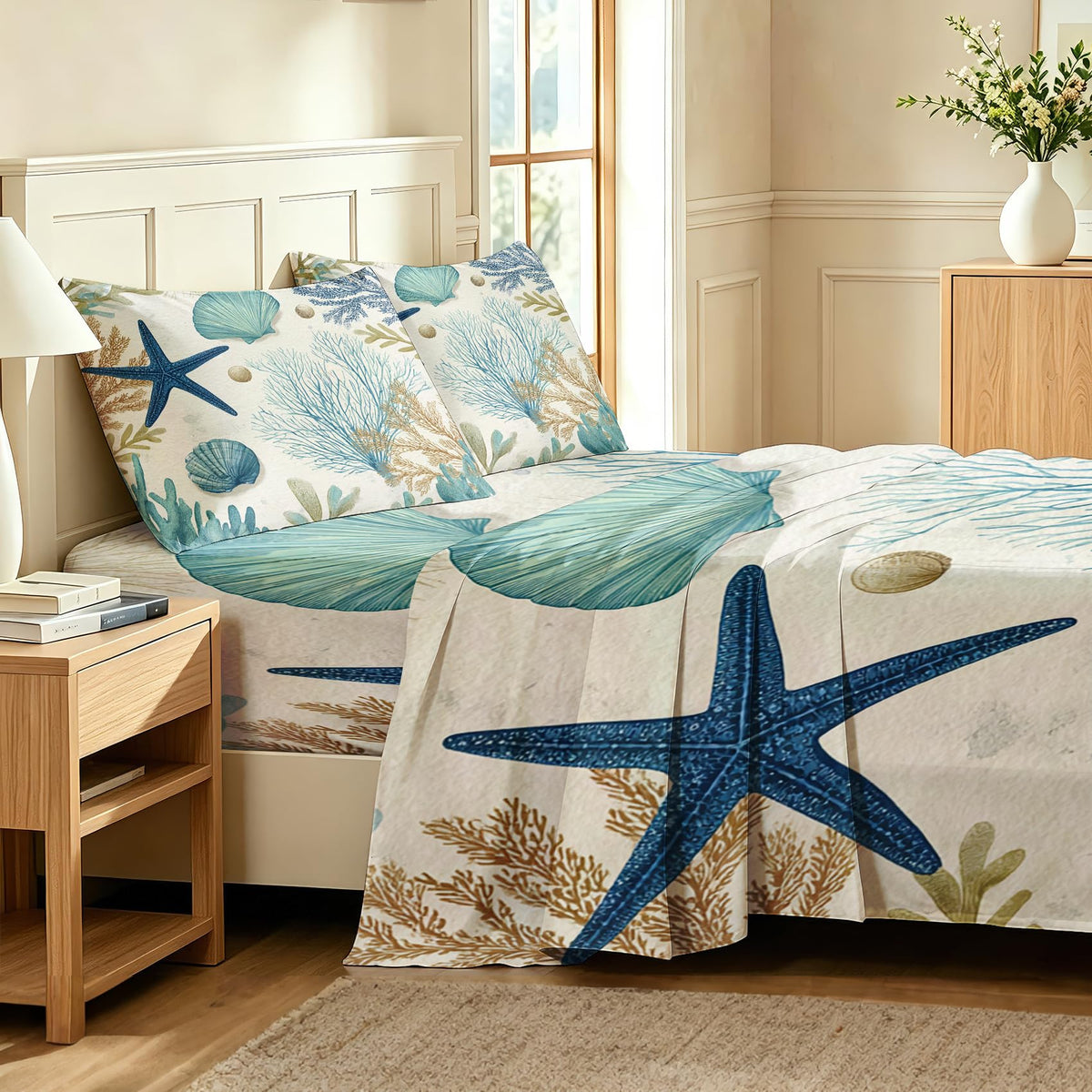 Seashell Coral Full Sheet Set 4 Pcs Coastal Bed Sheets