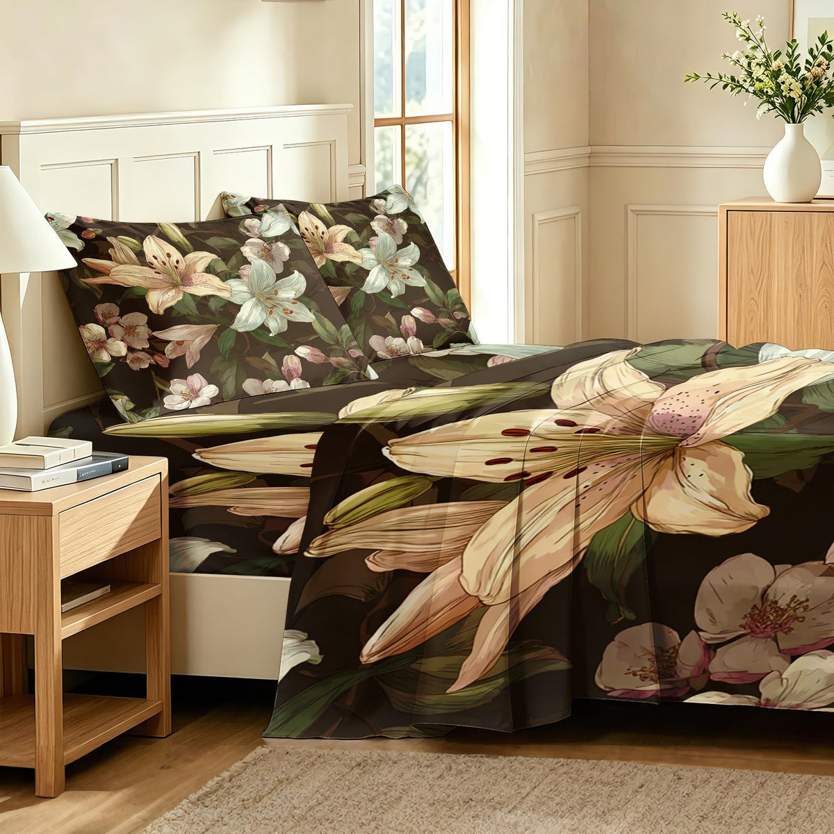 Lily Floral Sheet Set, 4 Pcs Full Size Botanical Bed Sheets