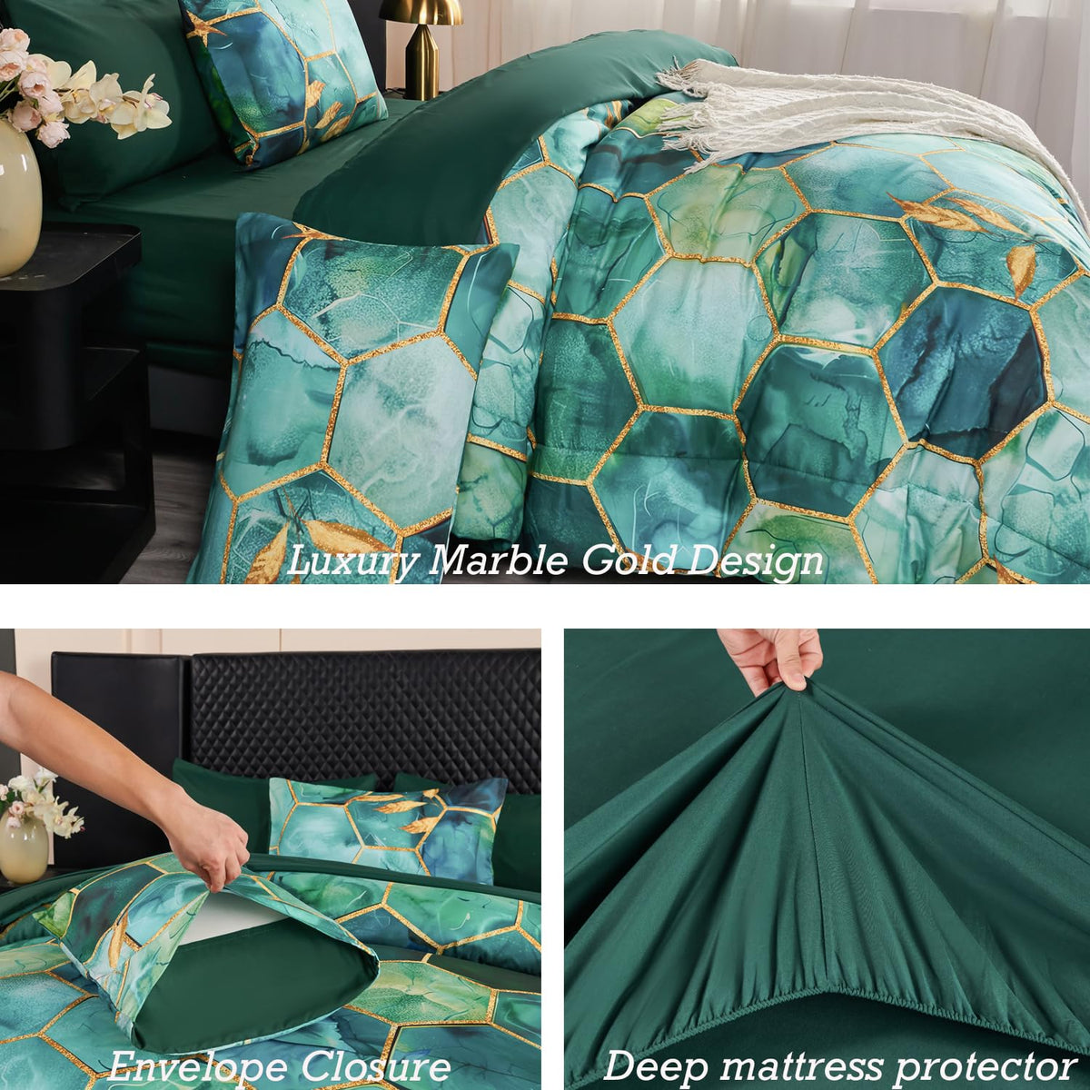 ANGIYUIN 7 Pieces Turquoise Gold Marble Comforter Set Queen Watercolor Printed Bedding Comforter Set Luxury Gold Trim Bed Set Hexagon Honeycomb Bed in A Bag with Sheets(Queen Teal Green)