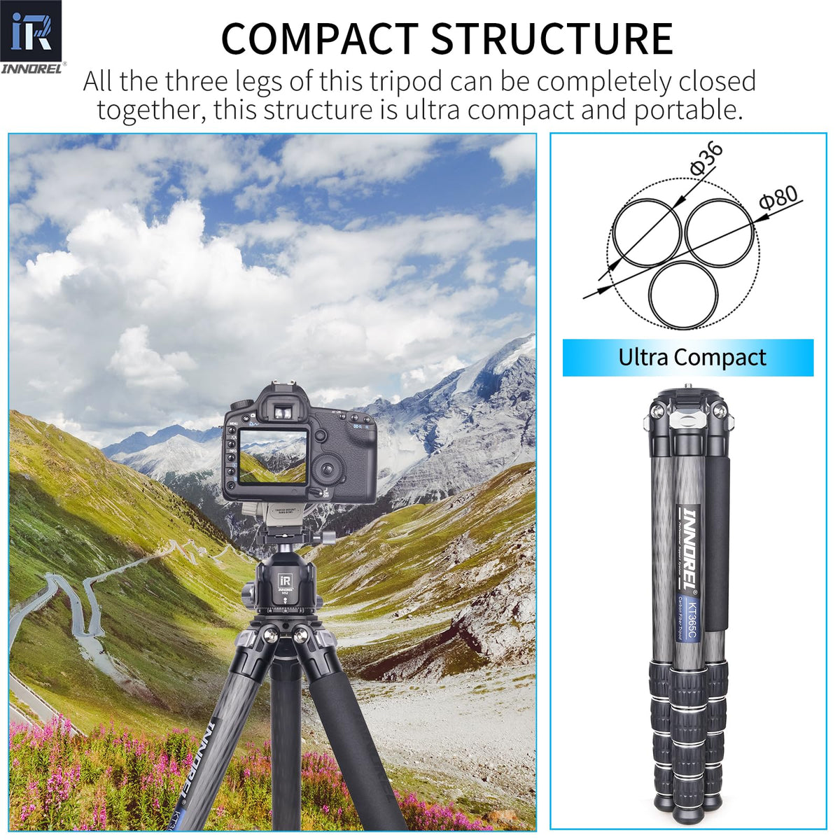 INNOREL KT365C Compact Carbon Fiber Camera Tripod 36mm Max Tube Professional 5 Sections Travel Tripod for Digital DSLR Video Camcorder Heavy Duty Camera Stand Load 66.1lb/30kg with Center Column