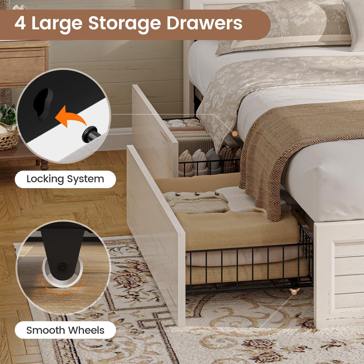 VIAGDO Full Bed Frame with Headboard and Storage Cabinets, Farmhouse Bed Frame Full Size with Charging Station and LED Lights, Wooden Platform Bed Frame with 4 Drawers, No Box Spring Needed, White